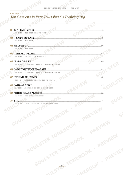A printed table of contents page from 'The Soulater Embarko: The Web' by Pete Townshend, showing chapter titles, page numbers, and a footer page number 72, with repeated diagonal preview watermarks across the page.