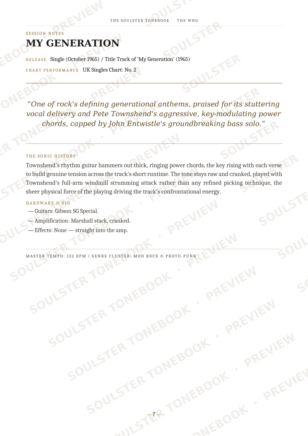 A printed page from a music book or album booklet showing the front cover art for 'My Generation' by Townshend's band, including release details, a quote, and song history. The page is photographed flat against a white background with diagonal watermark text across it.