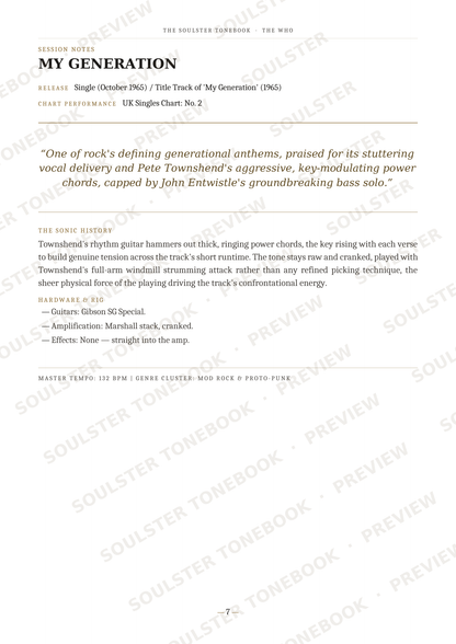A printed page from a music book or album booklet showing the front cover art for 'My Generation' by Townshend's band, including release details, a quote, and song history. The page is photographed flat against a white background with diagonal watermark text across it.