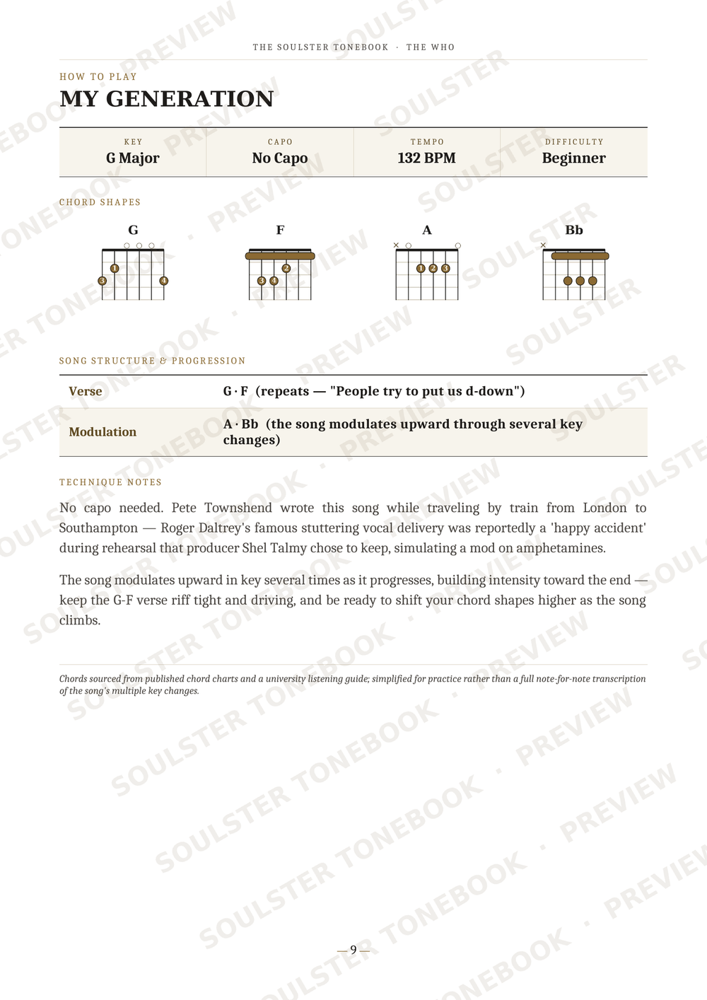 A guitar chord chart titled 'MY GENERATION' from The Soul Survivor's 'The Web' album, showing chord diagrams and song structure notes for G Major, Capo No Capo, 132 BPM, and Beginner difficulty.