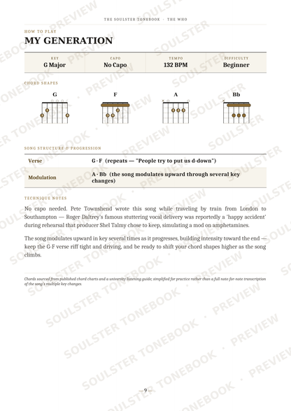 A guitar chord chart titled 'MY GENERATION' from The Soul Survivor's 'The Web' album, showing chord diagrams and song structure notes for G Major, Capo No Capo, 132 BPM, and Beginner difficulty.