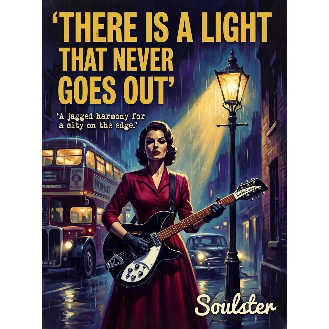 Soulster cinematic vintage pulp book cover art print illustration styled in a classic 1950s design layout inspired by There Is A Light That Never Goes Out.