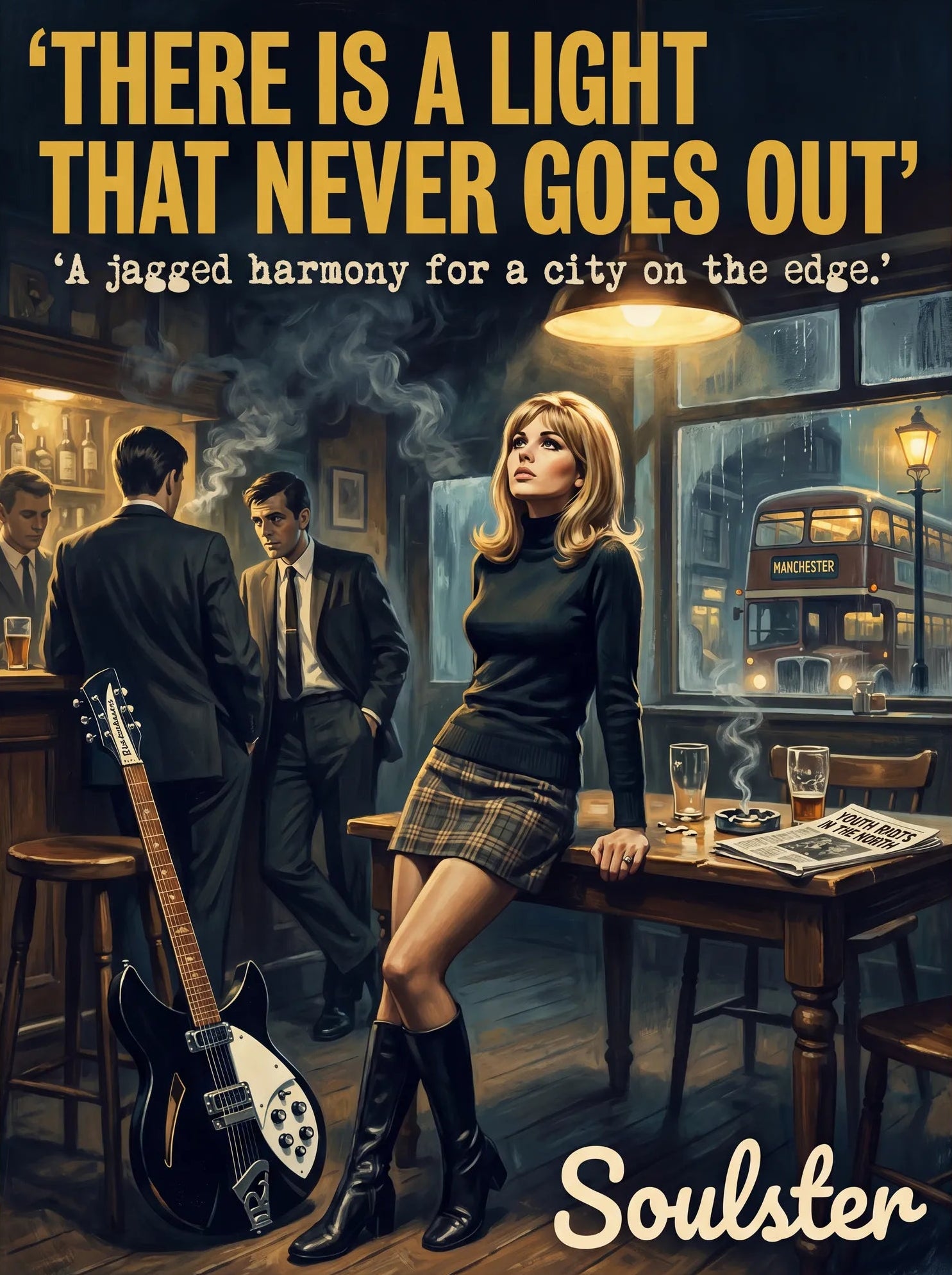 Soulster cinematic vintage pulp book cover art print illustration styled in a classic 1960s design layout inspired by There Is A Light That Never Goes Out.