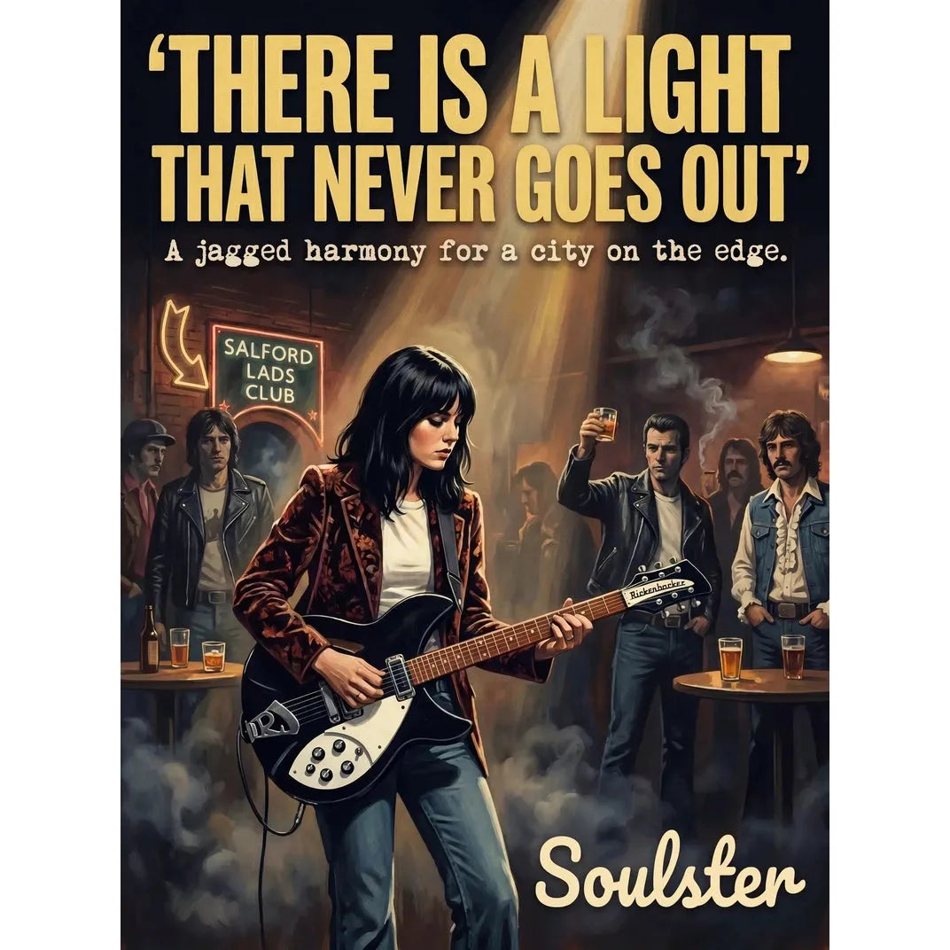 Soulster cinematic vintage pulp book cover art print illustration styled in a classic 1970s design layout inspired by There Is A Light That Never Goes Out.