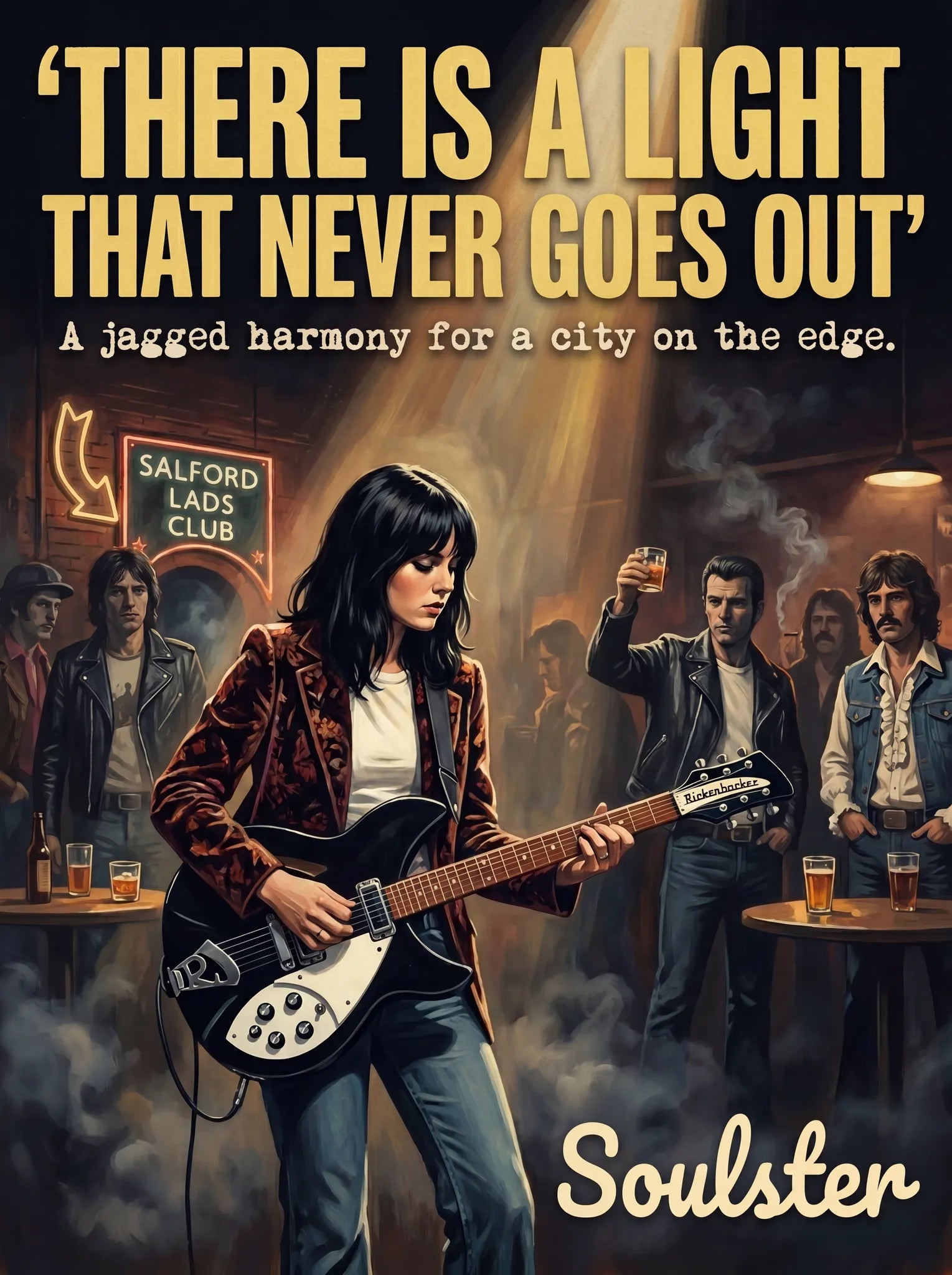 Soulster cinematic vintage pulp book cover art print illustration styled in a classic 1970s design layout inspired by There Is A Light That Never Goes Out.