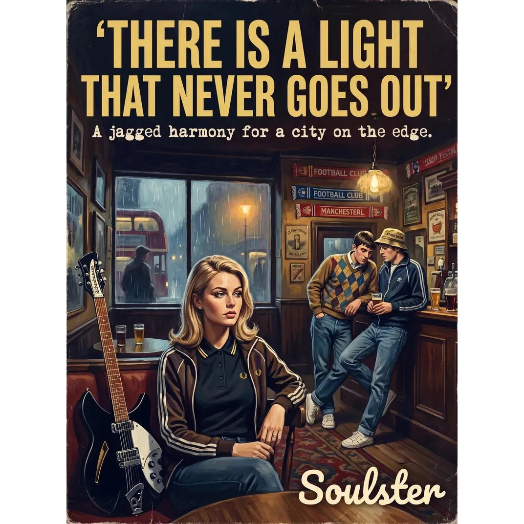 Soulster retro pulp thriller book cover style art print illustration inspired by The Smiths - There Is A Light That Never Goes Out.