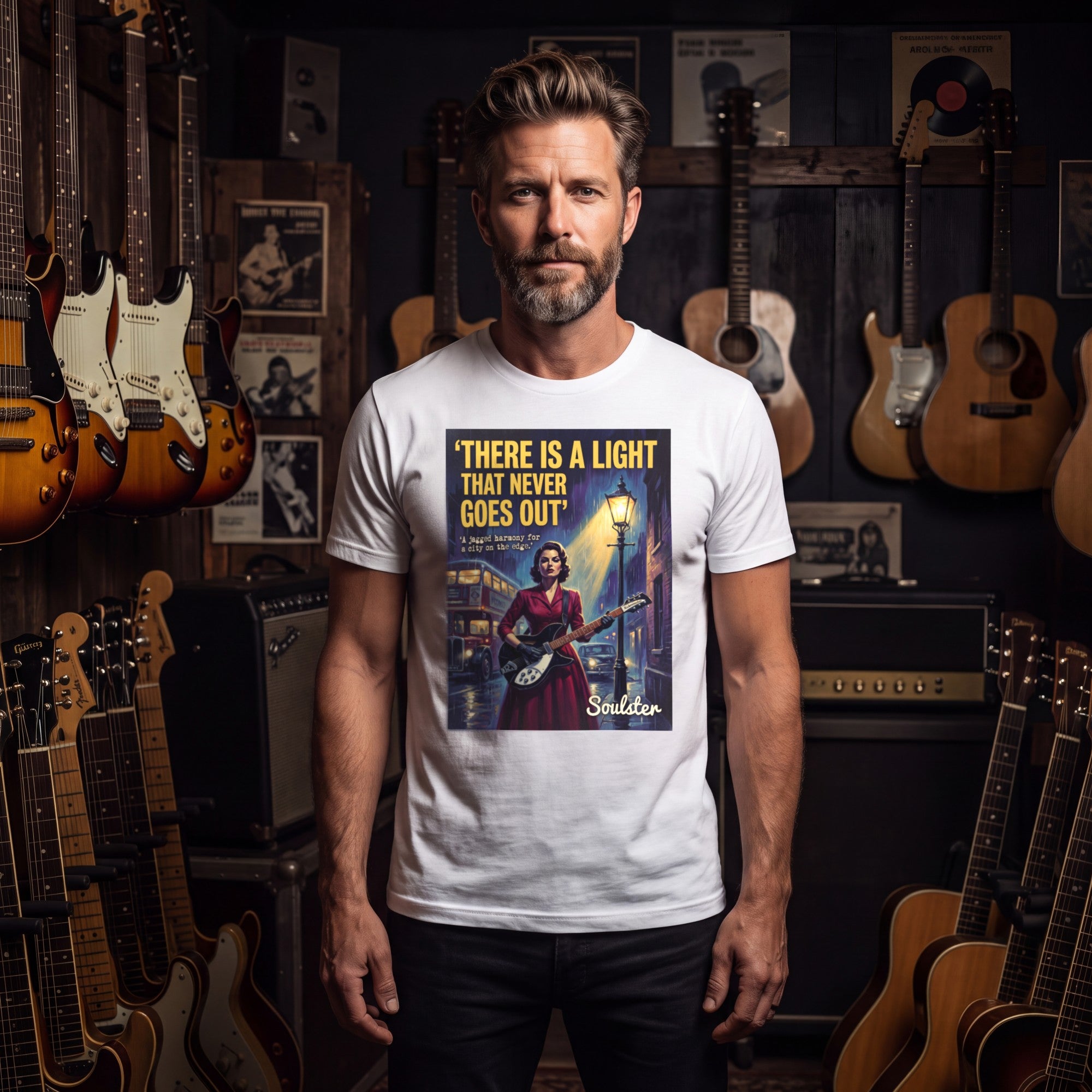 Man wearing the There Is A Light That Never Goes Out T-Shirt - Film Noir Edition among vintage guitars and amplifiers.
