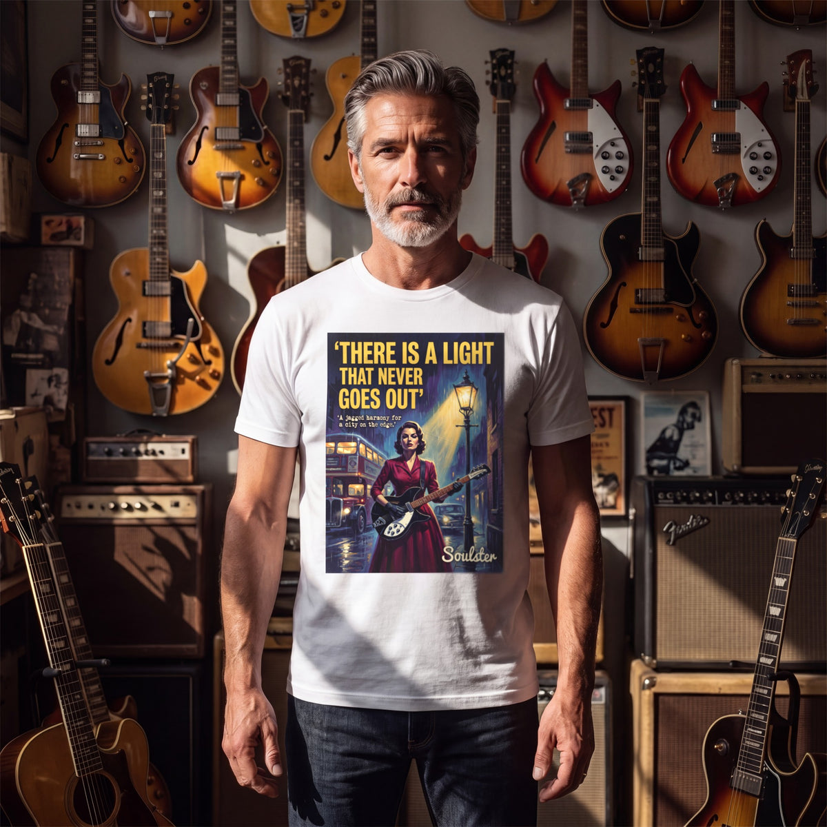 Man wearing the There Is A Light That Never Goes Out T-Shirt - Film Noir Edition in a guitar shop in natural daylight.