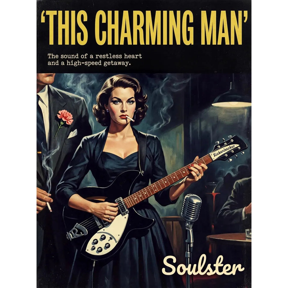 Soulster cinematic vintage pulp book cover art print illustration styled in a classic 1950s design layout inspired by This Charming Man.