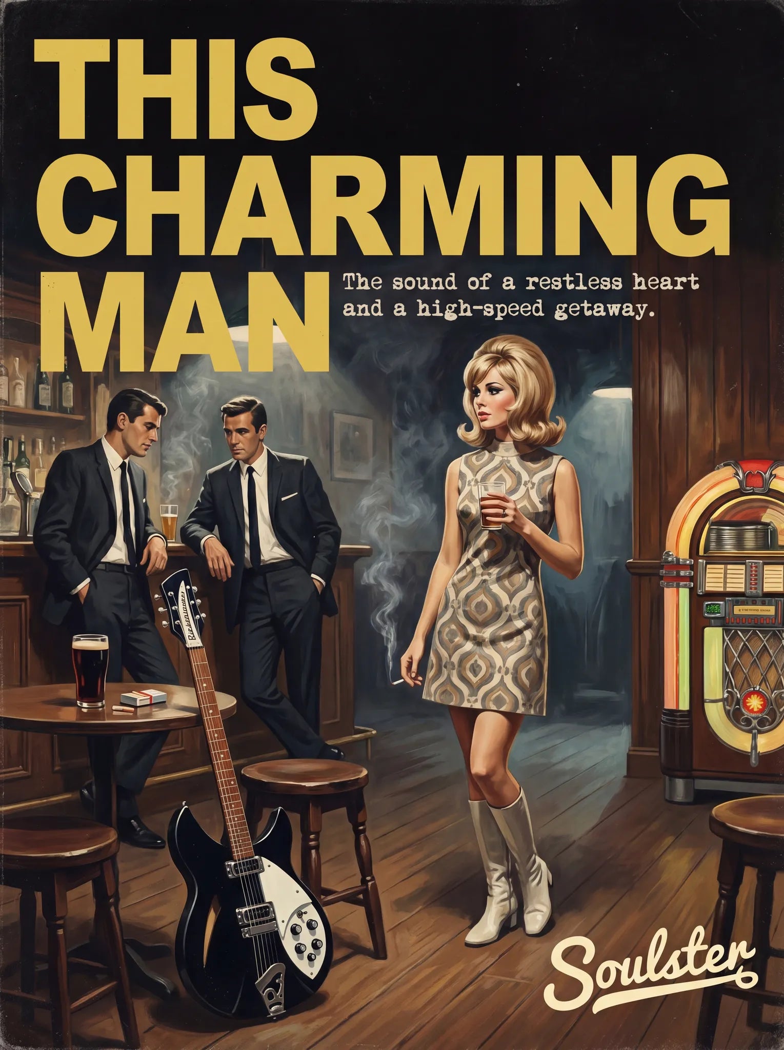 Soulster cinematic vintage pulp book cover art print illustration styled in a classic 1960s design layout inspired by This Charming Man.