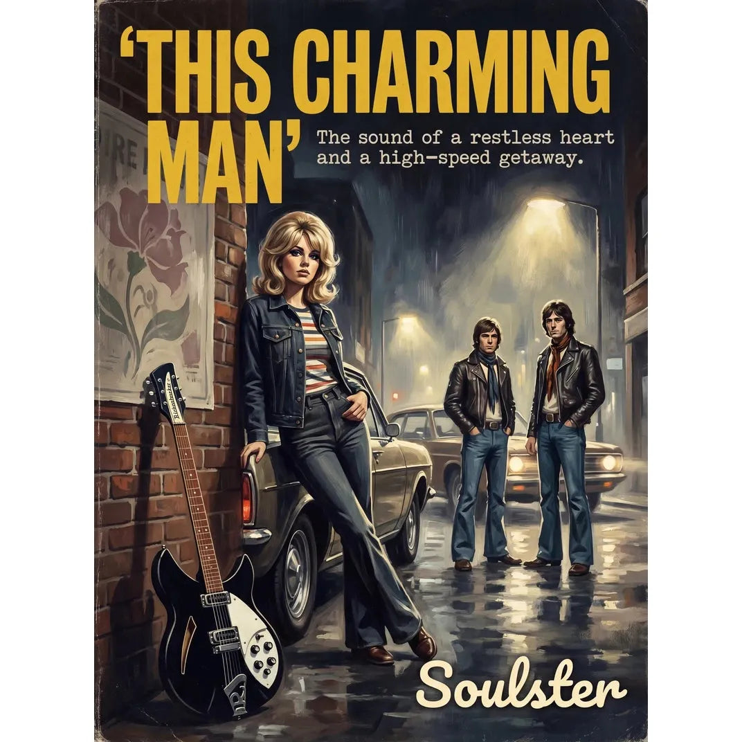Soulster cinematic vintage pulp book cover art print illustration styled in a classic 1970s design layout inspired by This Charming Man.