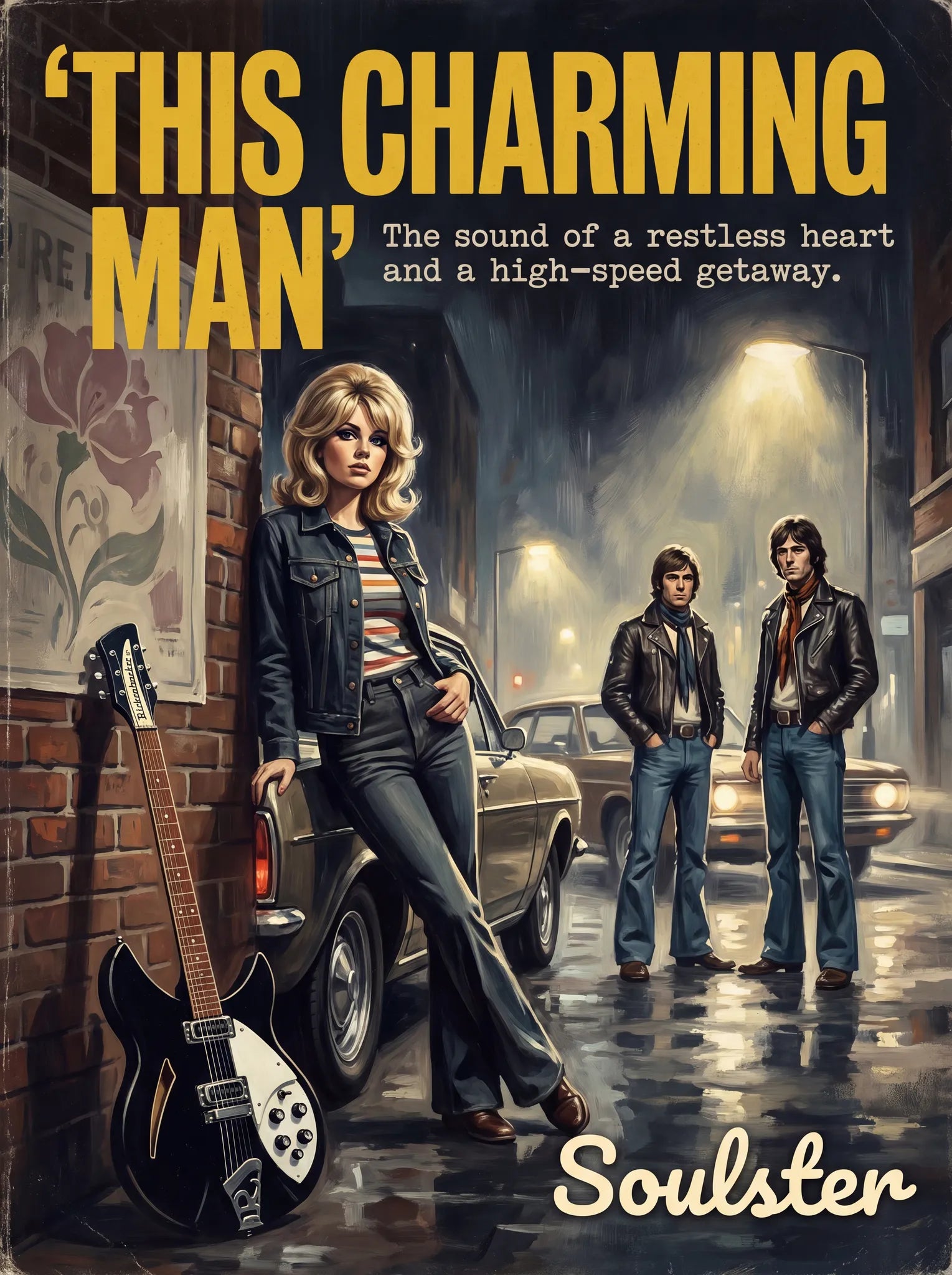 Soulster cinematic vintage pulp book cover art print illustration styled in a classic 1970s design layout inspired by This Charming Man.
