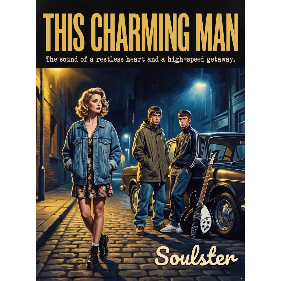 Soulster cinematic vintage pulp book cover art print illustration styled in a classic 1990s design layout inspired by This Charming Man.