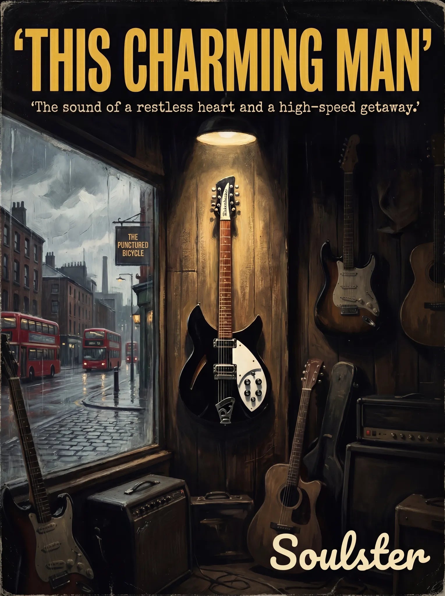 Soulster Manchester Edition wall art print showing a cinematic pulp style design of a Rickenbacker 330 inspired by This Charming Man.