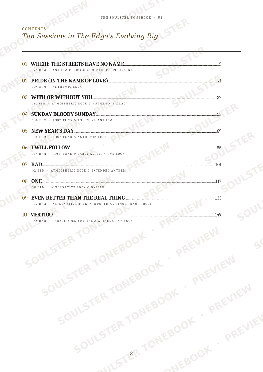A printed table of contents page from 'The Soulster Handbook' showing chapter titles and page numbers for 'Ten Sessions in The Edge's Evolving Rig' with faint repeated watermark text across the page.