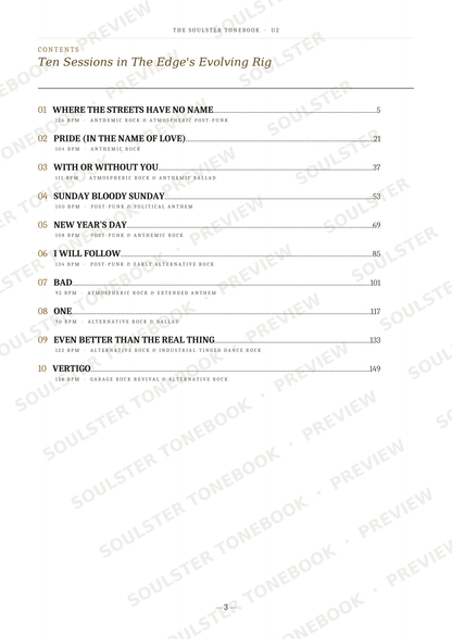 A printed table of contents page from 'The Soulster Handbook' showing chapter titles and page numbers for 'Ten Sessions in The Edge's Evolving Rig' with faint repeated watermark text across the page.