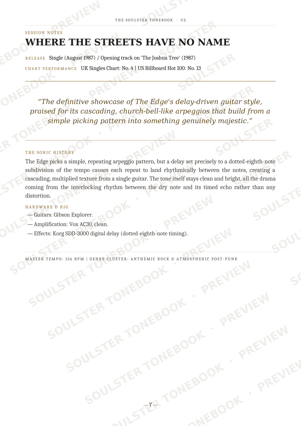 A printed sheet of paper showing a music score page titled "Where the Streets Have No Name" with song text, performer credits, and technical performance notes. The page is mostly white with black text and a faint diagonal watermark pattern across the image.