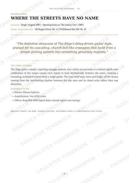 A printed sheet of paper showing a music score page titled "Where the Streets Have No Name" with song text, performer credits, and technical performance notes. The page is mostly white with black text and a faint diagonal watermark pattern across the image.