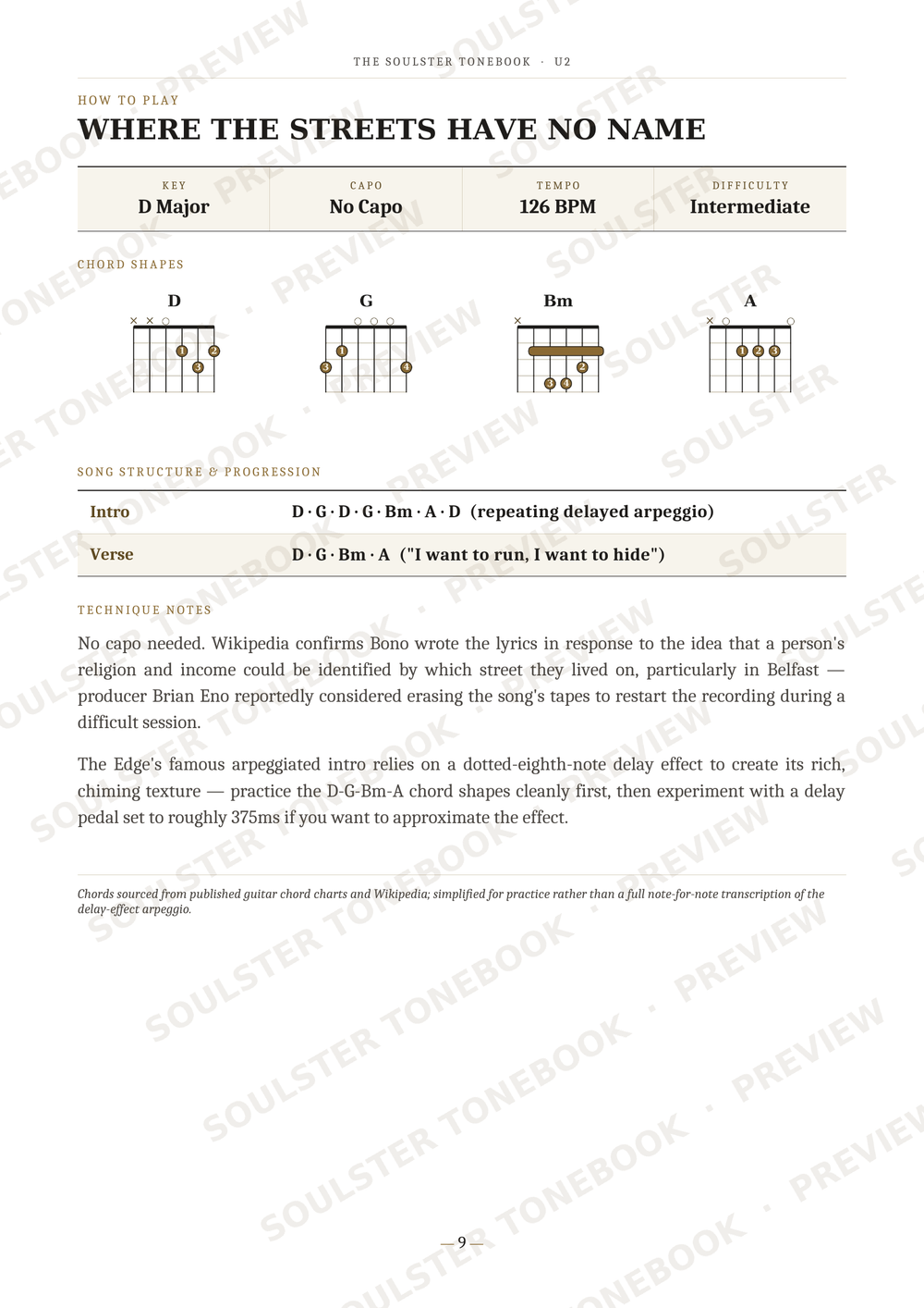 A printed page from a guitar instruction book titled 'Where the Streets Have No Name' showing chord diagrams for D, G, Bm, and A, along with song structure and lyrics. The page has a white background with black text and diagram lines, and repeated diagonal watermark text is visible across the page.