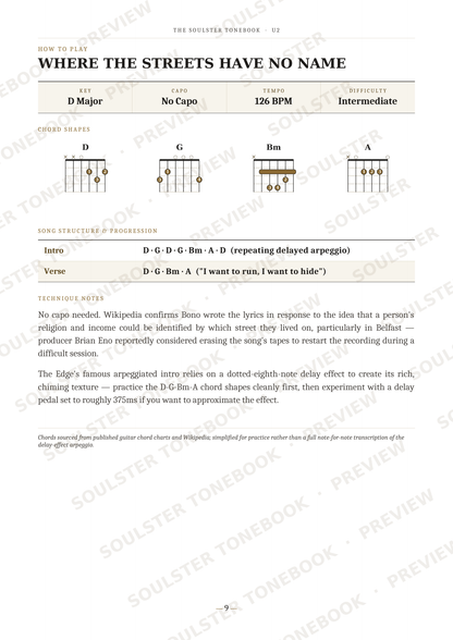 A printed page from a guitar instruction book titled 'Where the Streets Have No Name' showing chord diagrams for D, G, Bm, and A, along with song structure and lyrics. The page has a white background with black text and diagram lines, and repeated diagonal watermark text is visible across the page.