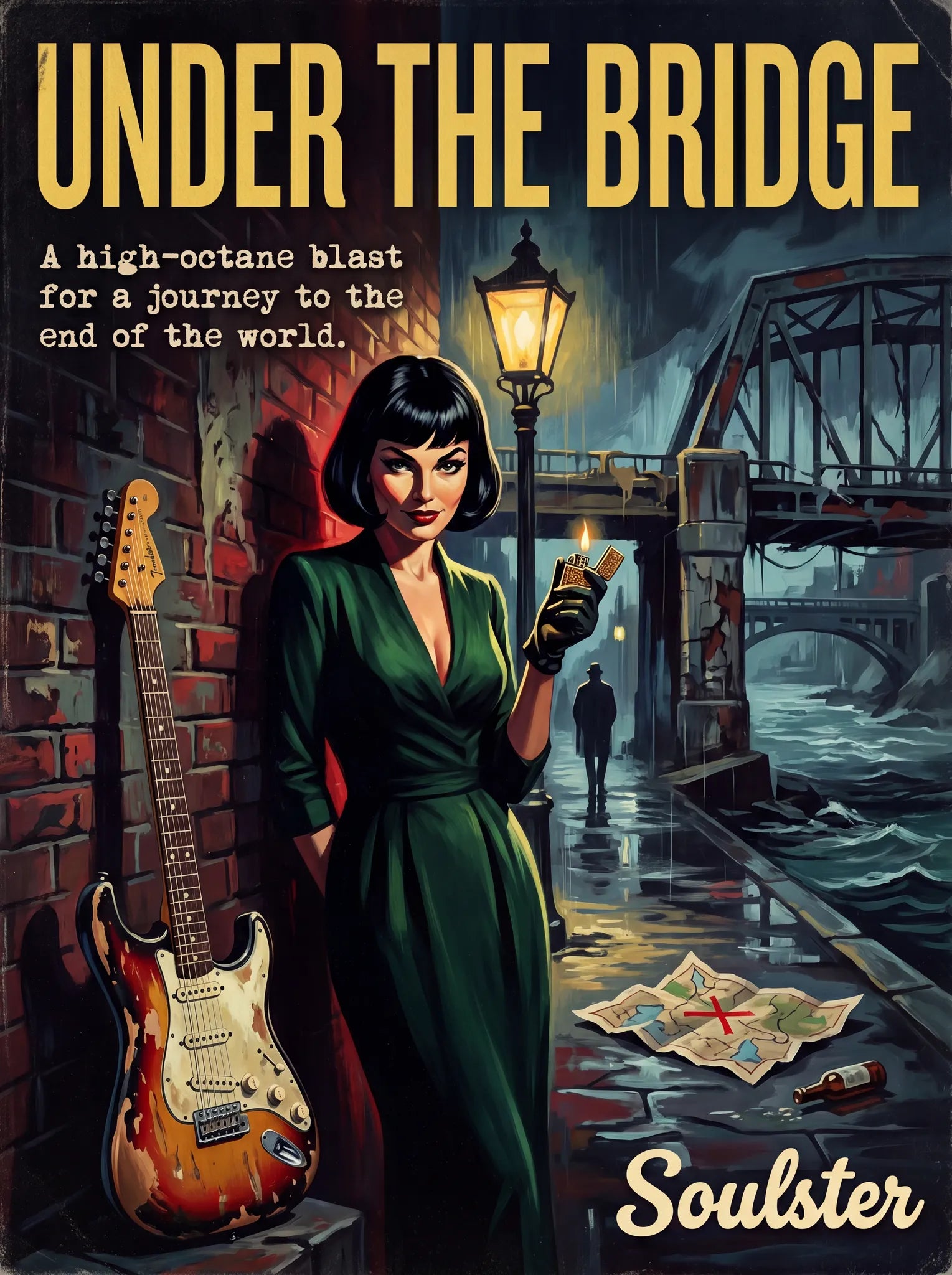 Soulster cinematic vintage pulp book cover art print illustration styled in a classic 1950s design layout inspired by Under The Bridge.