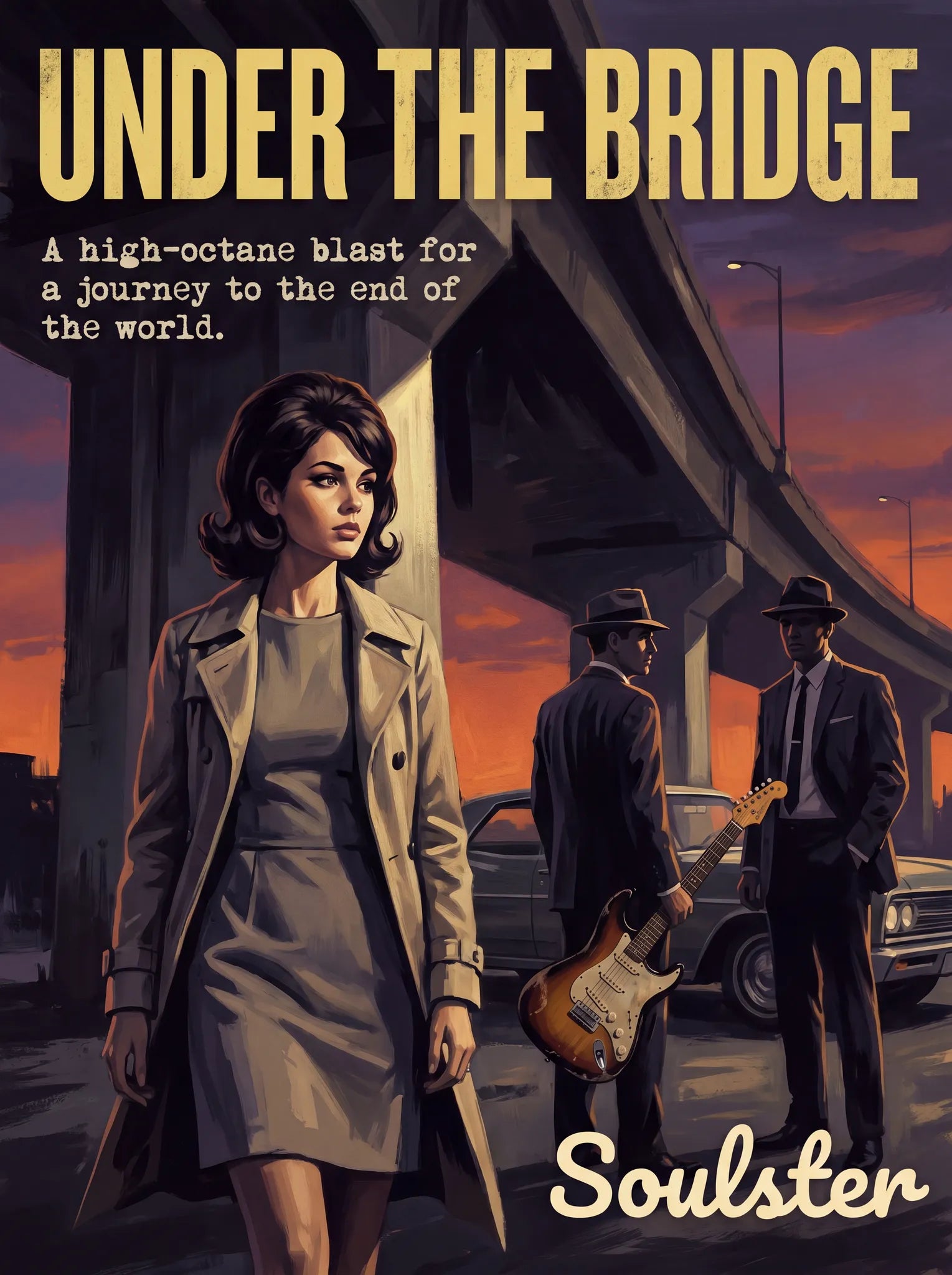 Soulster cinematic vintage pulp book cover art print illustration styled in a classic 1960s design layout inspired by Under The Bridge.