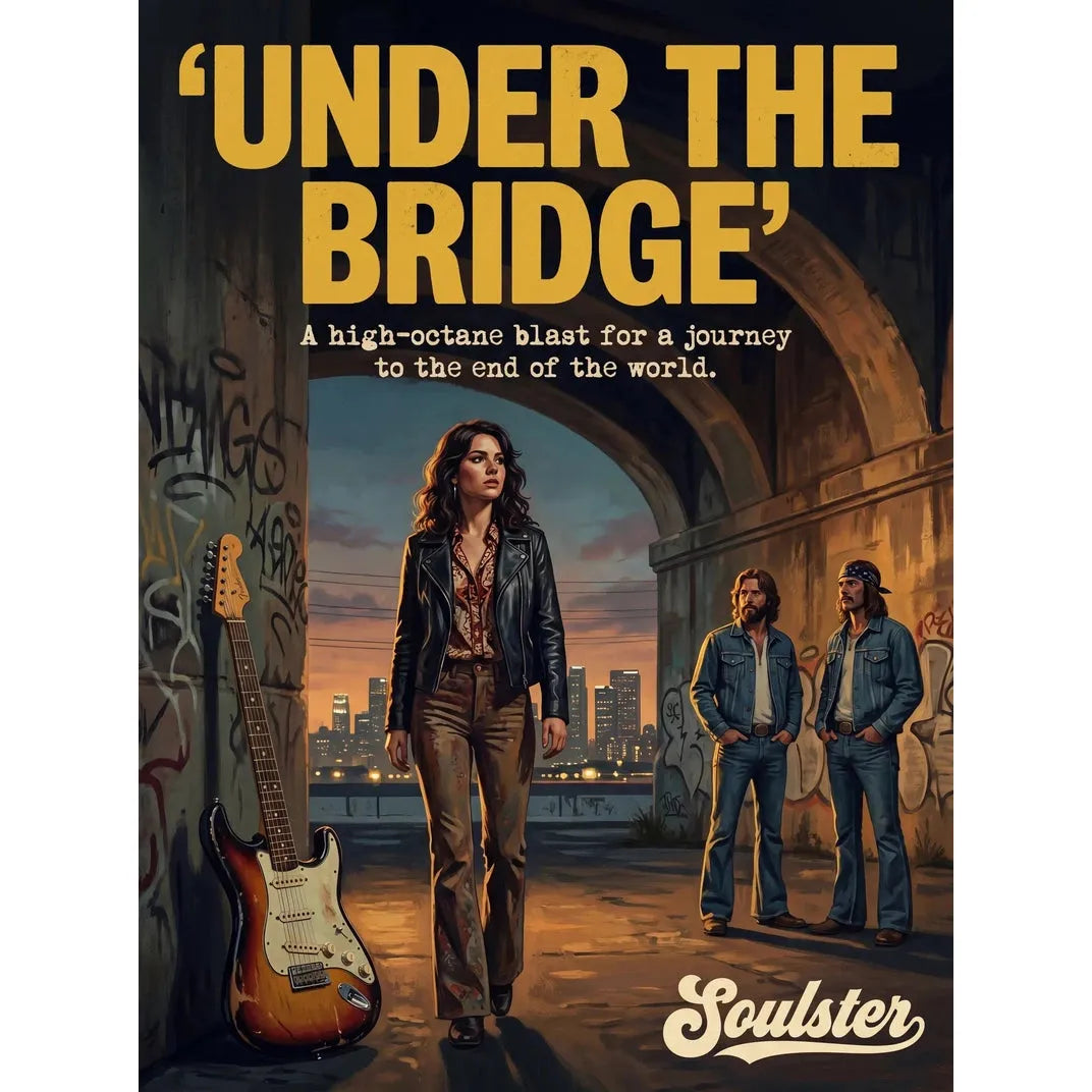Soulster cinematic vintage pulp book cover art print illustration styled in a classic 1970s design layout inspired by Under The Bridge.