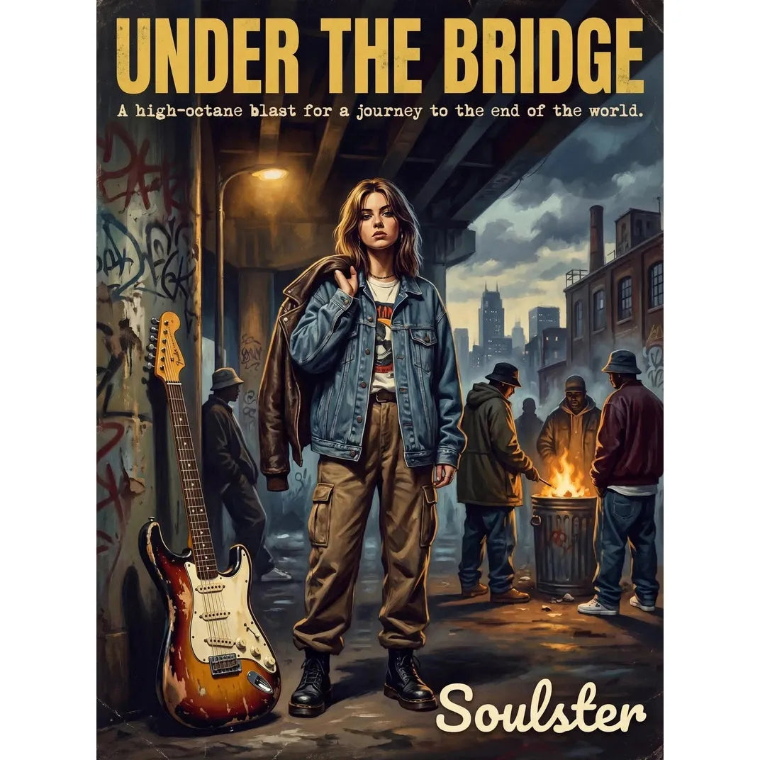 Soulster cinematic vintage pulp book cover art print illustration styled in a classic 1990s design layout inspired by Under The Bridge.