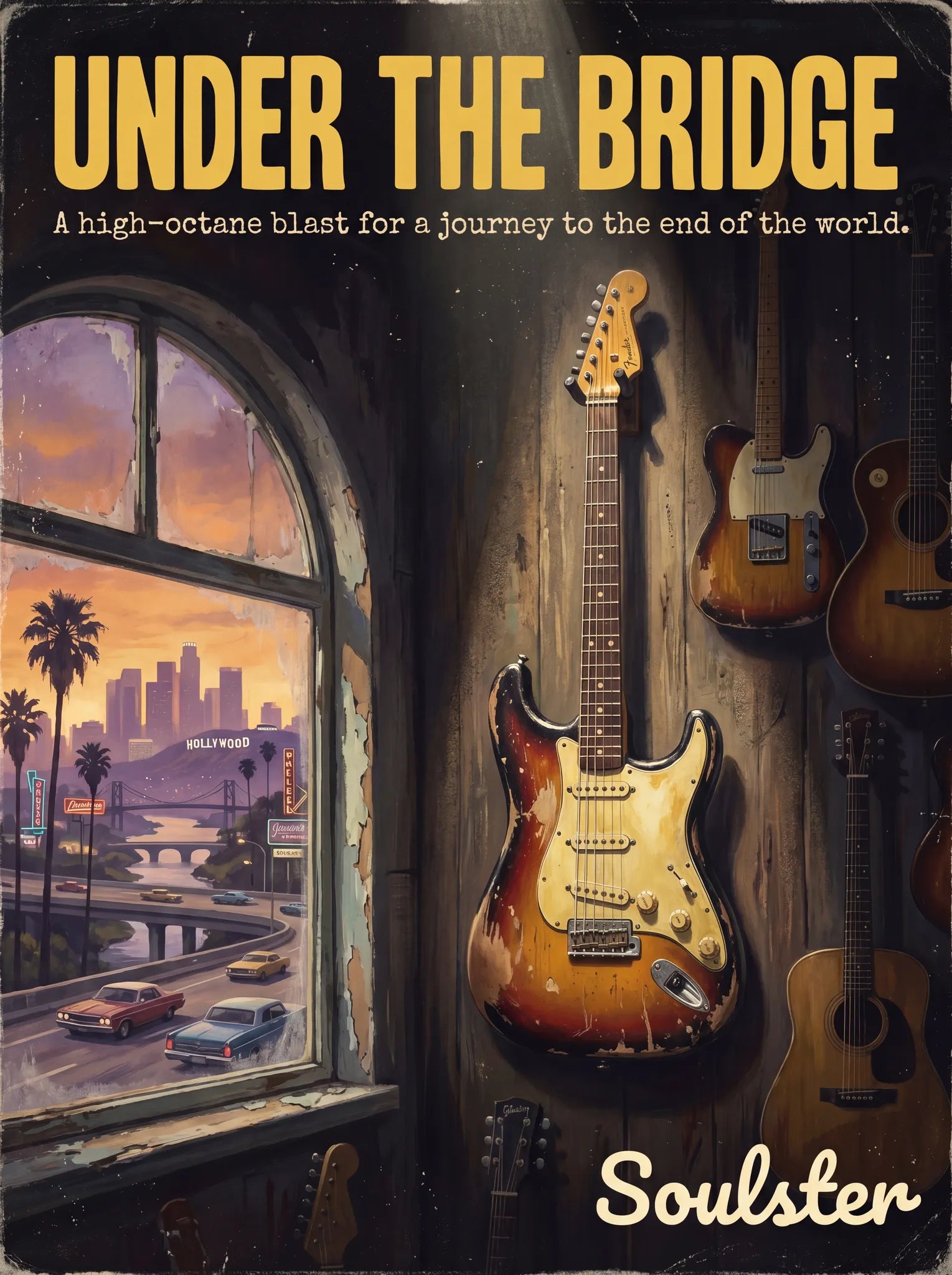 Soulster Manchester Edition wall art print showing a cinematic pulp style design of a Vintage Guitar inspired by Under The Bridge - Los Angeles.