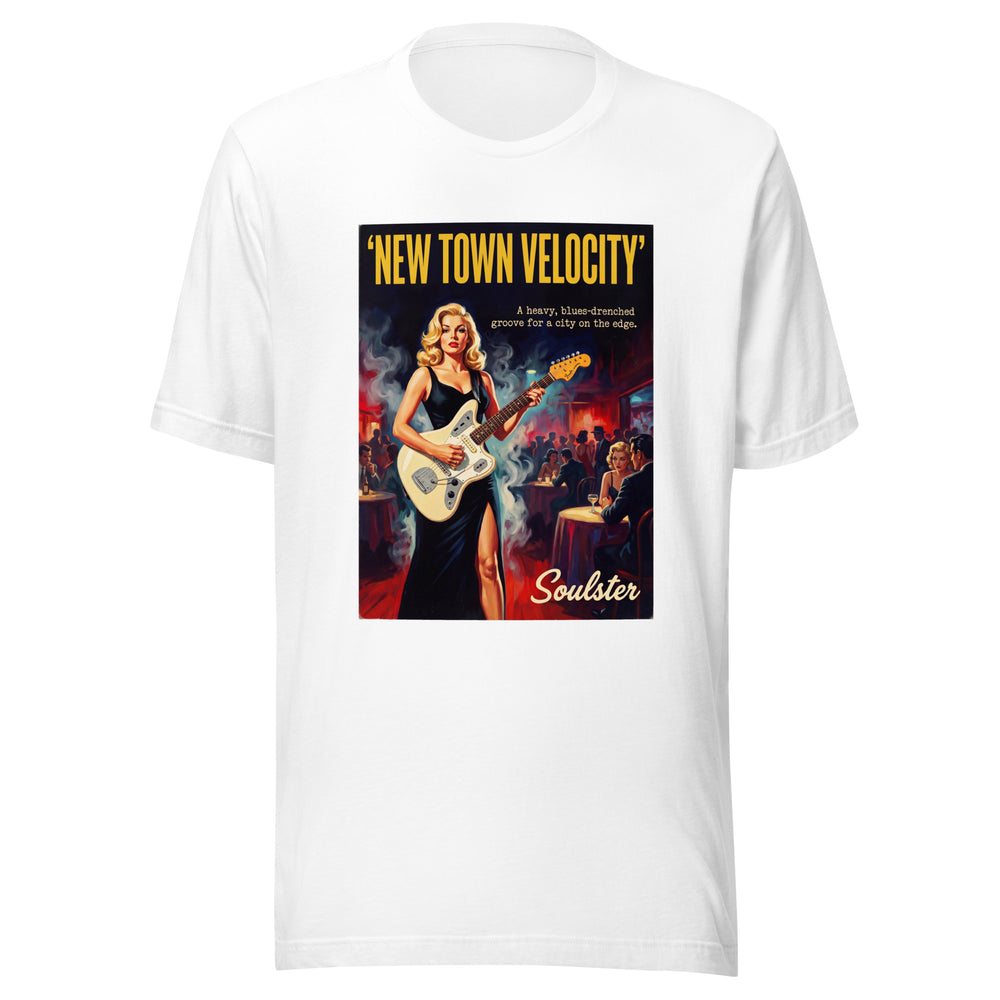 Soulster premium studio edition graphic t-shirt inspired by the timeless music legacy of New Town Velocity T-Shirt - Film Noir Edition.