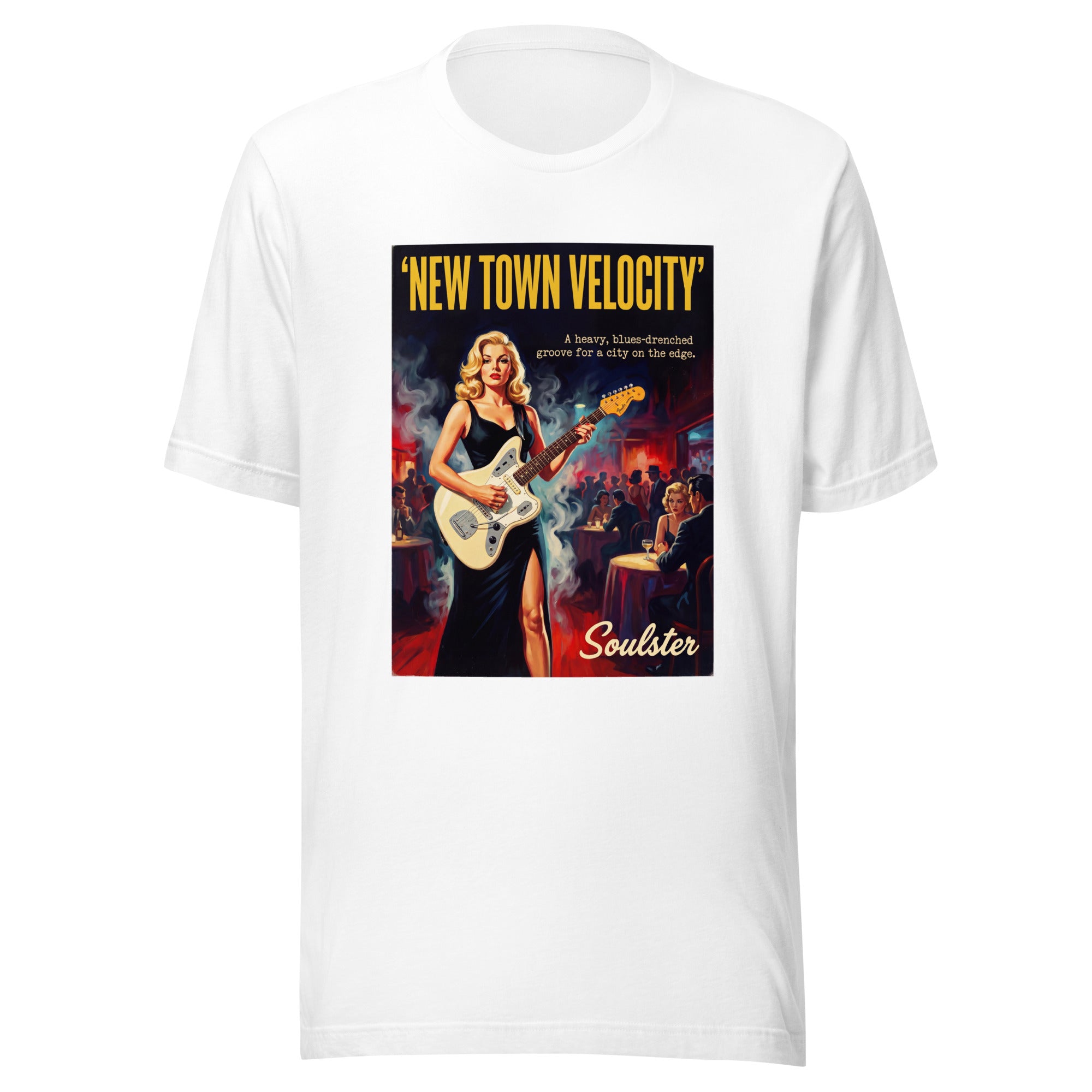 Soulster premium studio edition graphic t-shirt inspired by the timeless music legacy of New Town Velocity T-Shirt - Film Noir Edition.