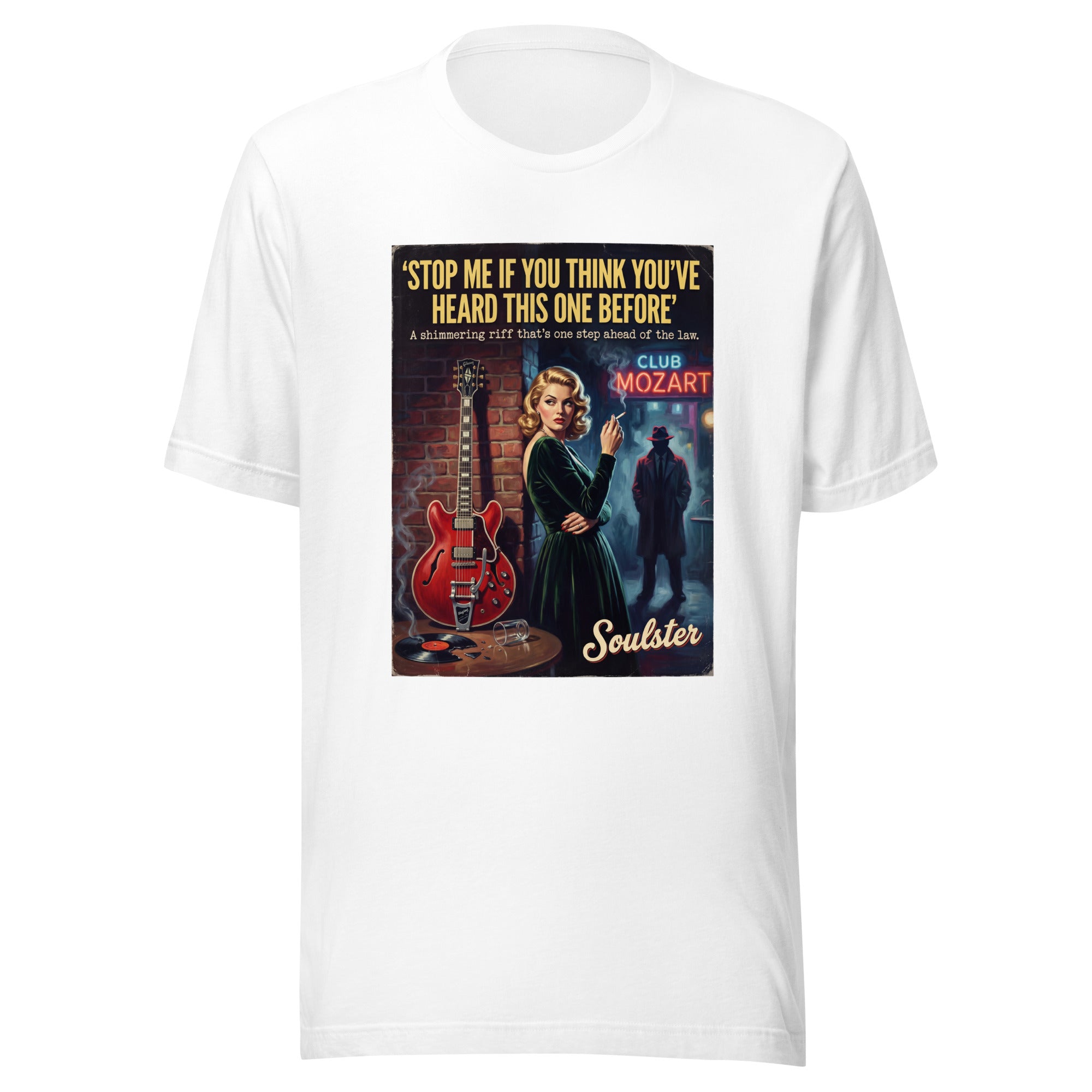 Soulster premium studio edition graphic t-shirt inspired by the timeless music legacy of Stop Me If You Think You've Heard This One Before T-Shirt - Film Noir Edition.
