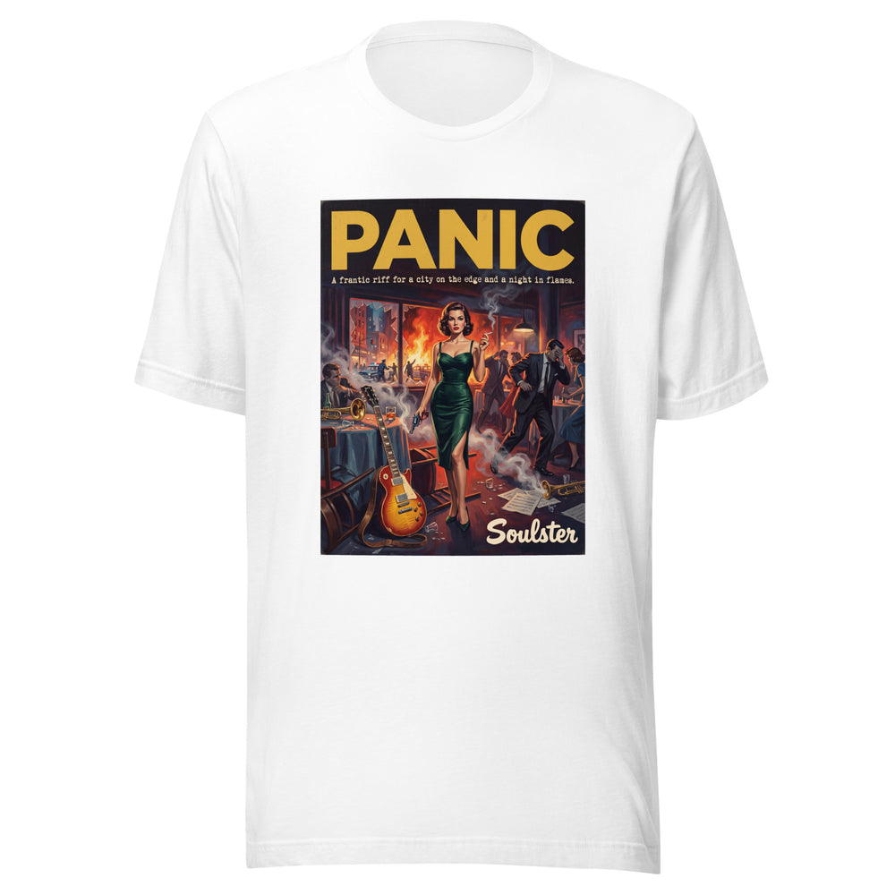 Soulster premium studio edition graphic t-shirt inspired by the timeless music legacy of Panic T-Shirt - Film Noir Edition.