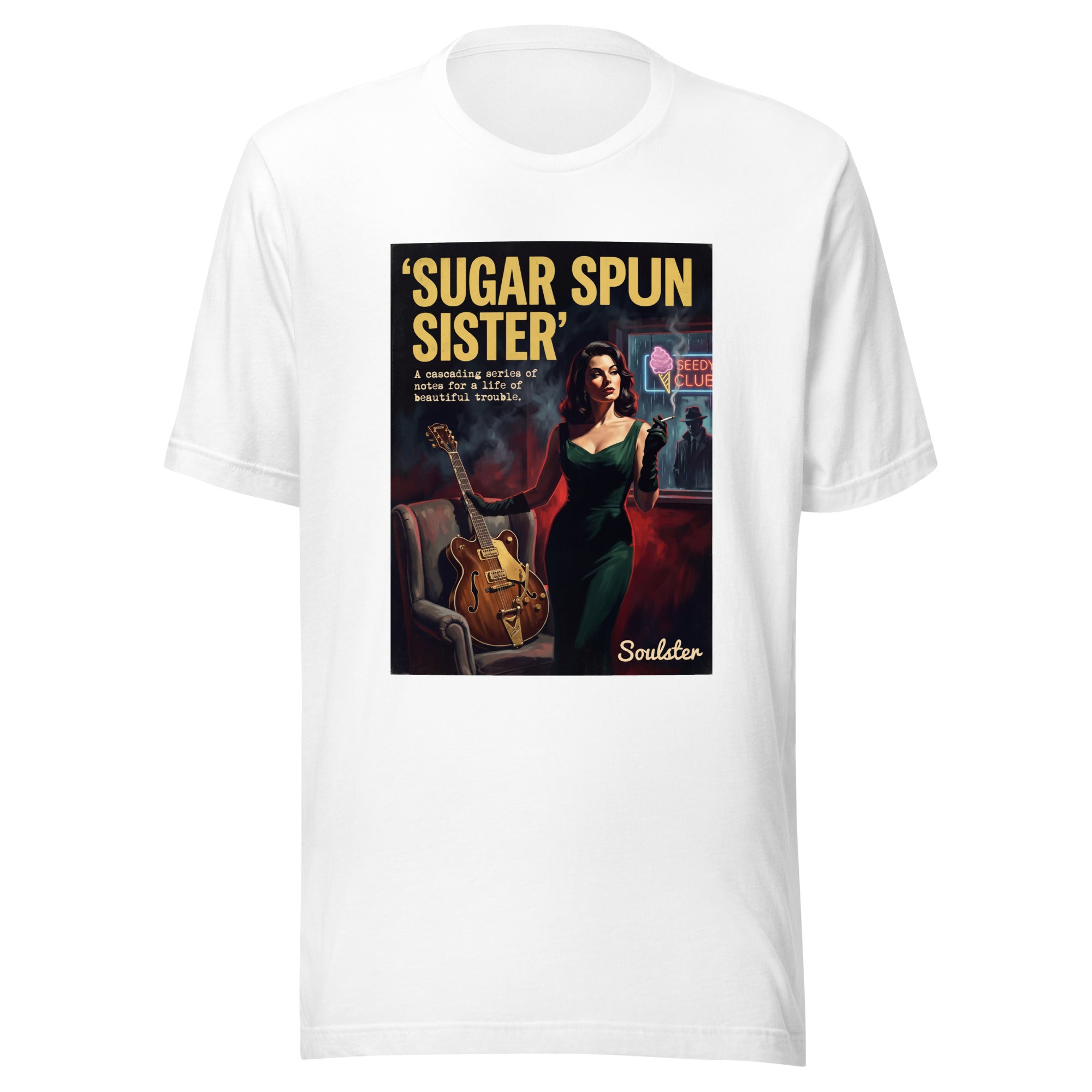 Soulster premium studio edition graphic t-shirt inspired by the timeless music legacy of Sugar Spun Sister T-Shirt - Film Noir Edition.