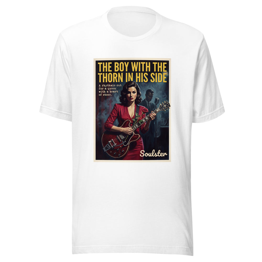 Soulster premium studio edition graphic t-shirt inspired by the timeless music legacy of The Boy With A Thorn In His Side T-Shirt - Film Noir Edition.
