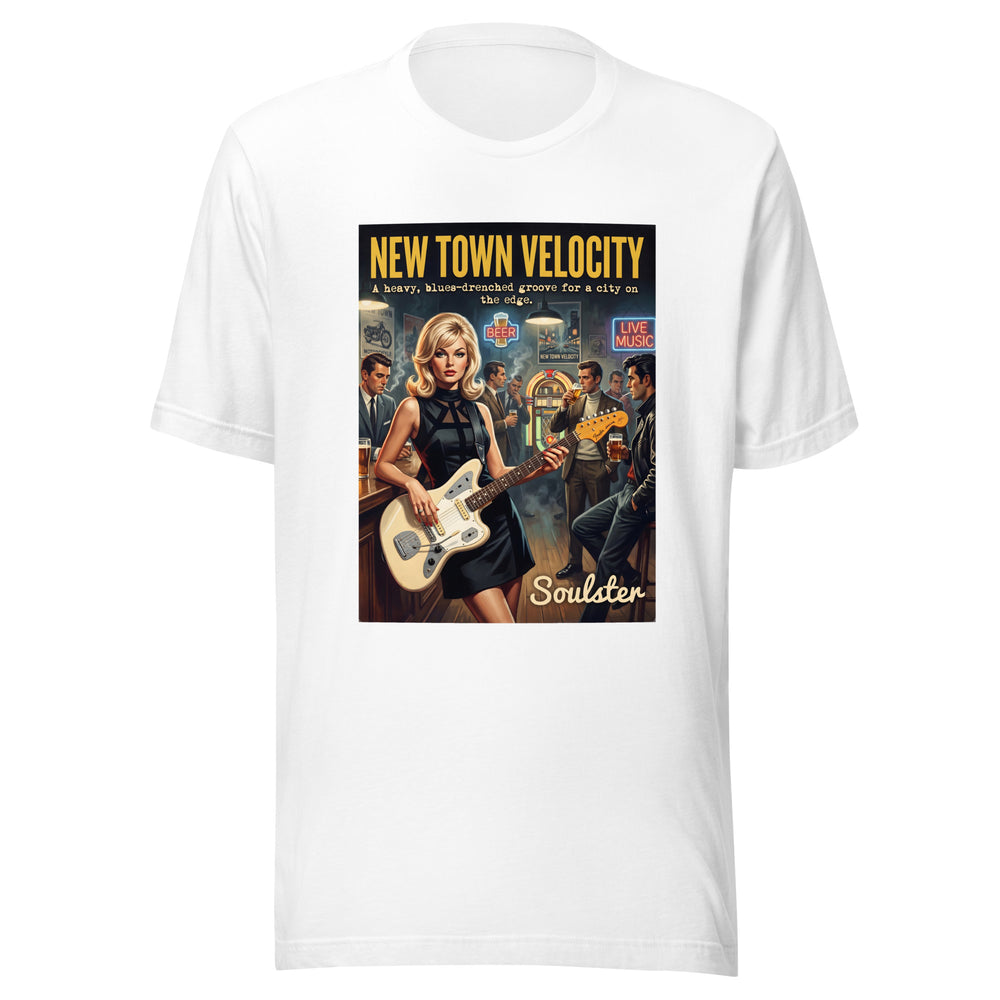 Soulster premium studio edition graphic t-shirt inspired by the timeless music legacy of New Town Velocity T-Shirt - Paperback Edition.