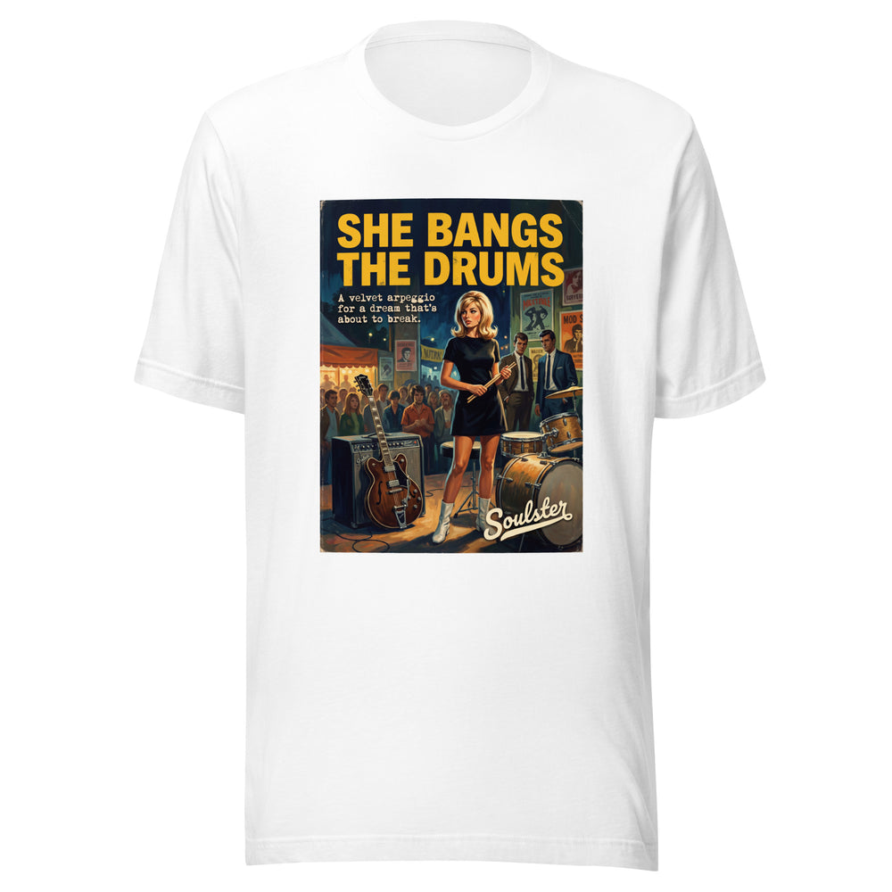 Soulster premium studio edition graphic t-shirt inspired by the timeless music legacy of She Bangs The Drums T-Shirt - Paperback Edition.