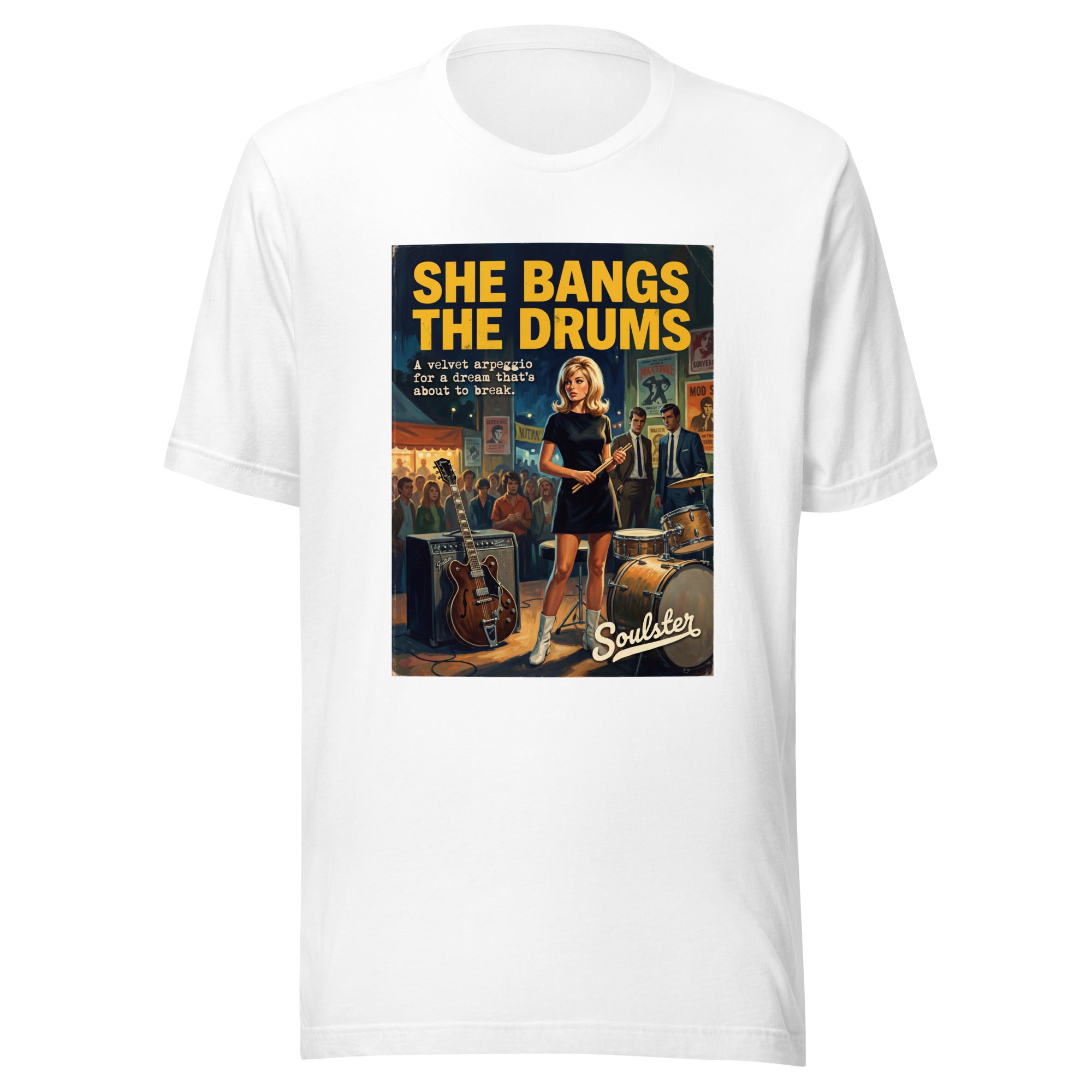 Soulster premium studio edition graphic t-shirt inspired by the timeless music legacy of She Bangs The Drums T-Shirt - Paperback Edition.