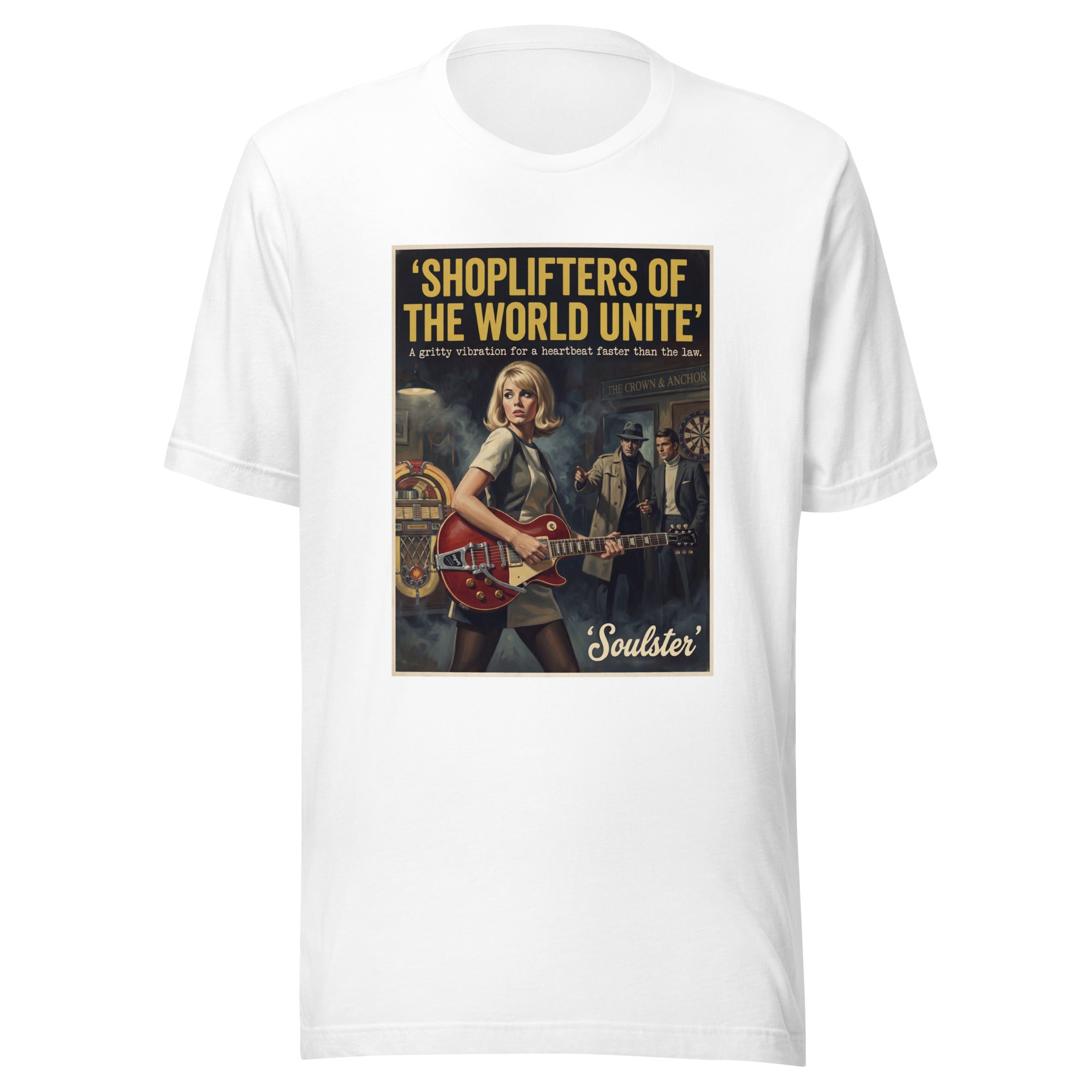 Soulster premium studio edition graphic t-shirt inspired by the timeless music legacy of Shoplifters Of The World Unite T-Shirt - Paperback Edition.