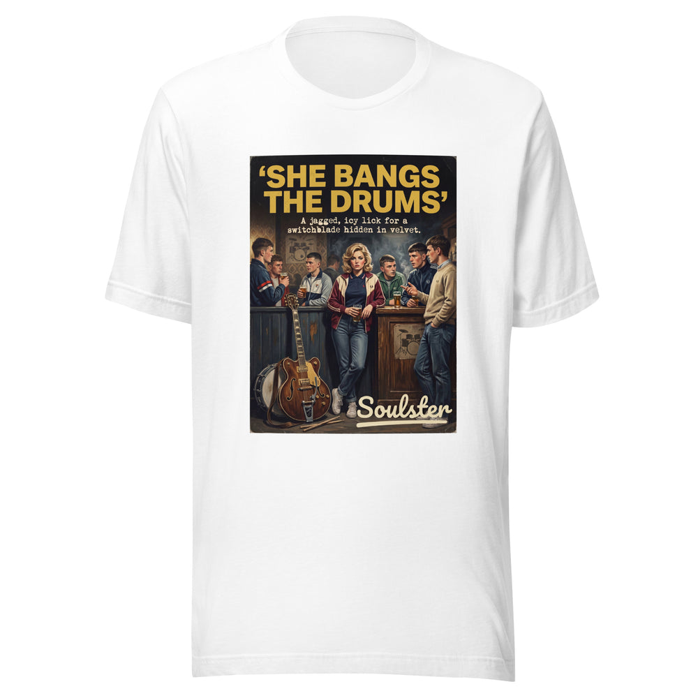 Soulster premium studio edition graphic t-shirt inspired by the timeless music legacy of She Bangs The Drums T-Shirt - Kitchen Sink Edition.