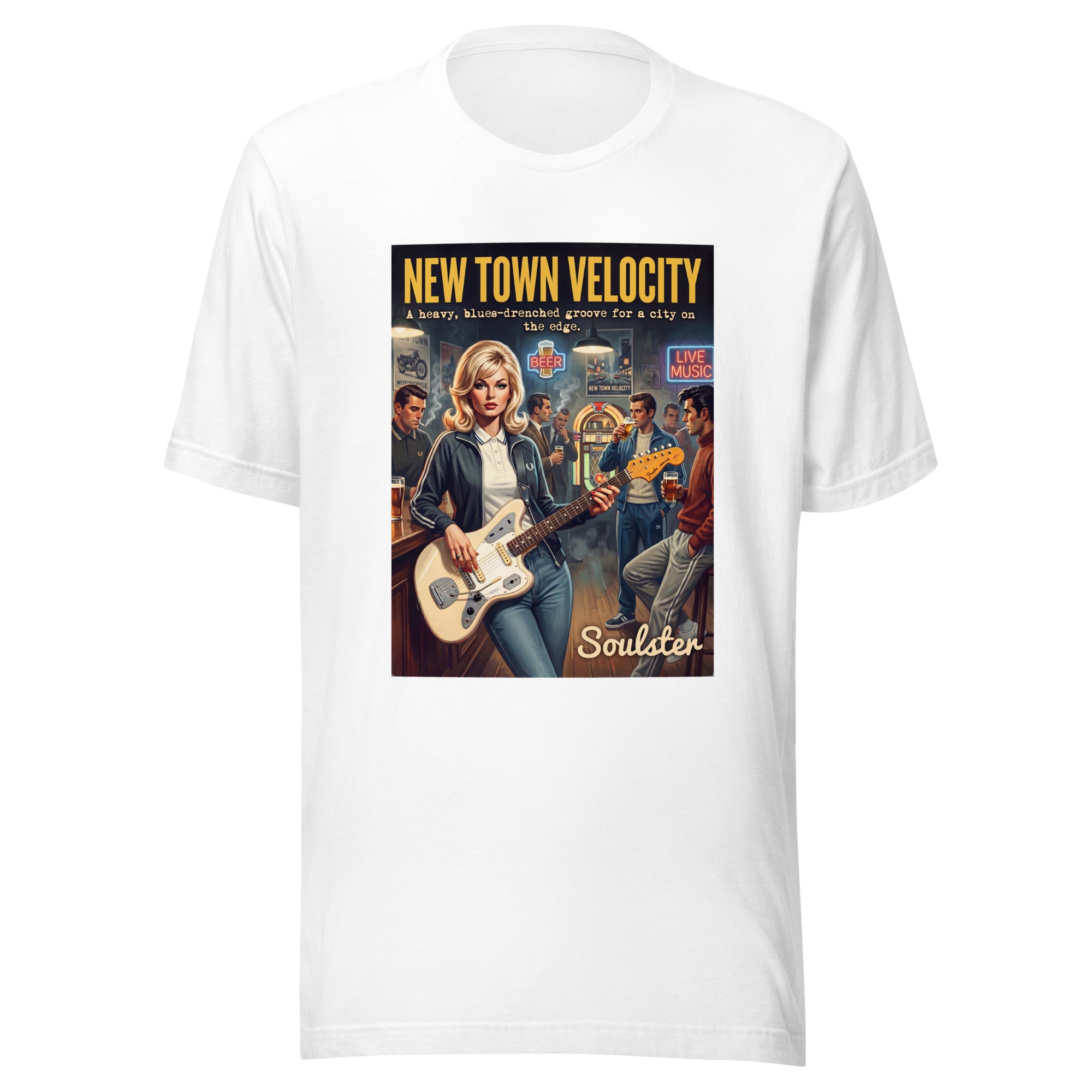 Soulster premium studio edition graphic t-shirt inspired by the timeless music legacy of New Town Velocity T-Shirt - Kitchen Sink Edition.