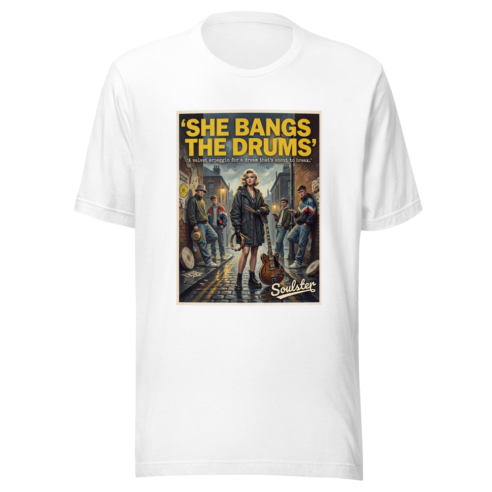 Soulster premium studio edition graphic t-shirt inspired by the timeless music legacy of She Bangs The Drums T-Shirt - Northern Life Edition.