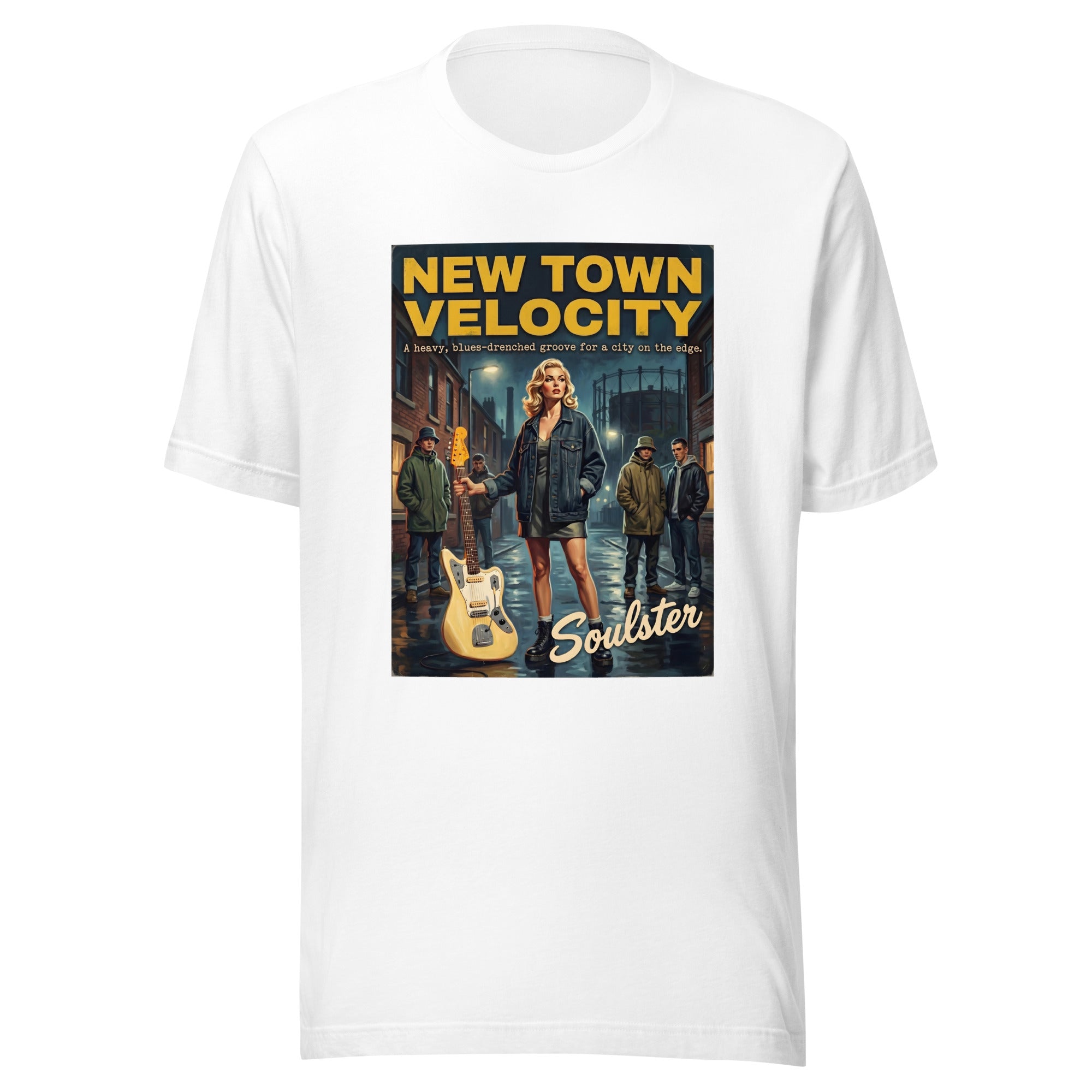 Soulster premium studio edition graphic t-shirt inspired by the timeless music legacy of New Town Velocity T-Shirt - Northern Life Edition.