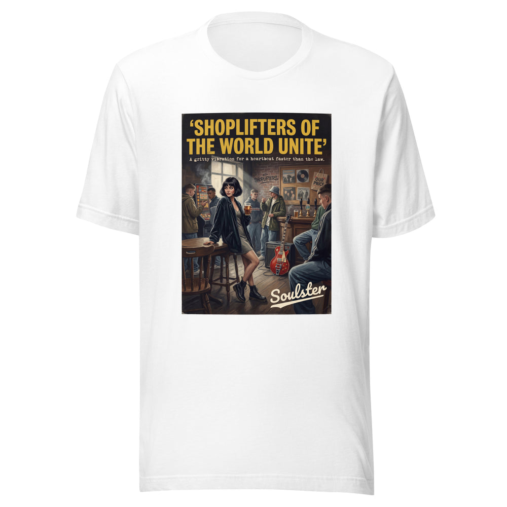 Soulster premium studio edition graphic t-shirt inspired by the timeless music legacy of Shoplifters Of The World Unite T-Shirt - Northern Life Edition.
