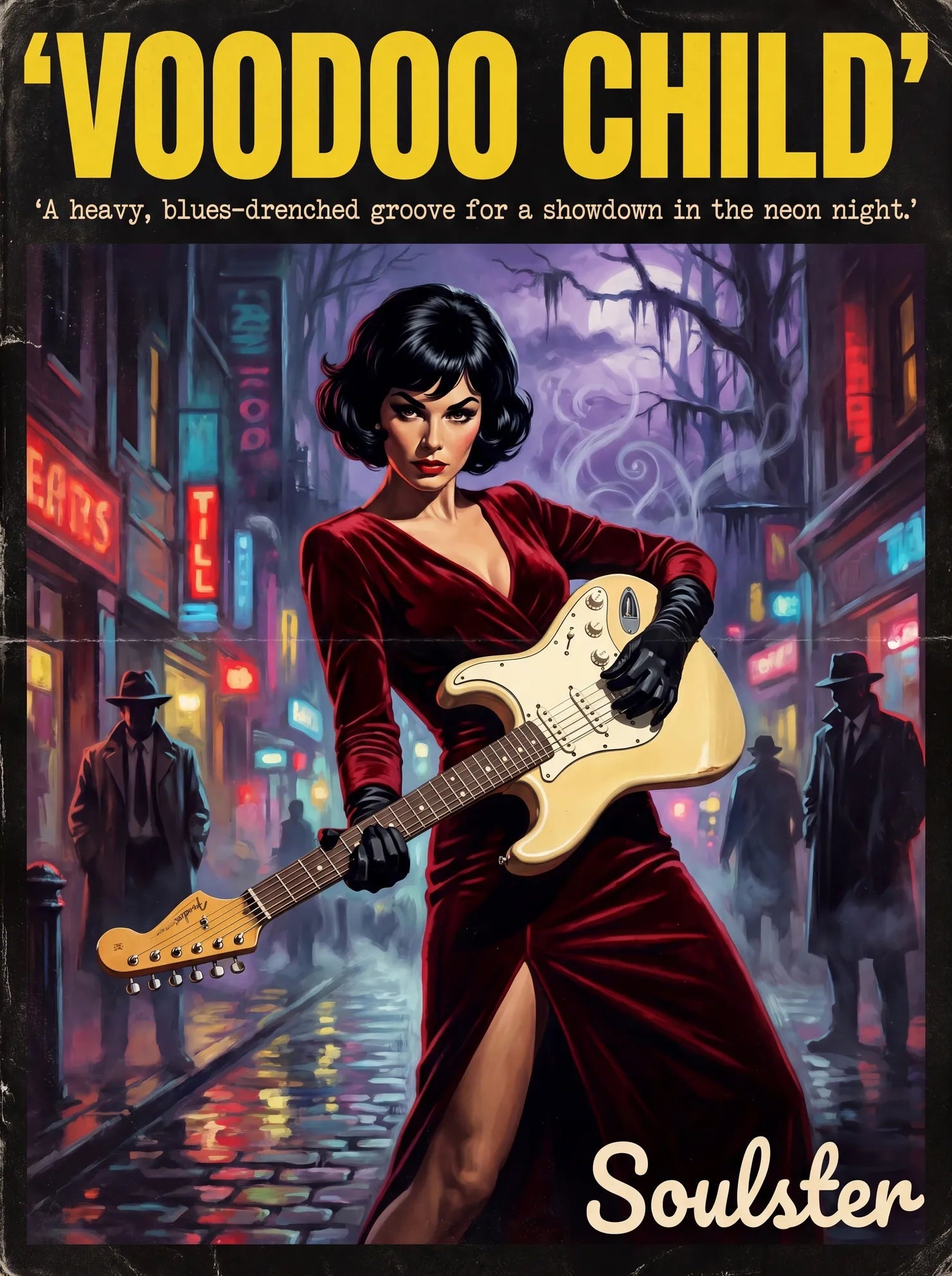 Soulster cinematic vintage pulp book cover art print illustration styled in a classic 1950s design layout inspired by Voodoo Child.