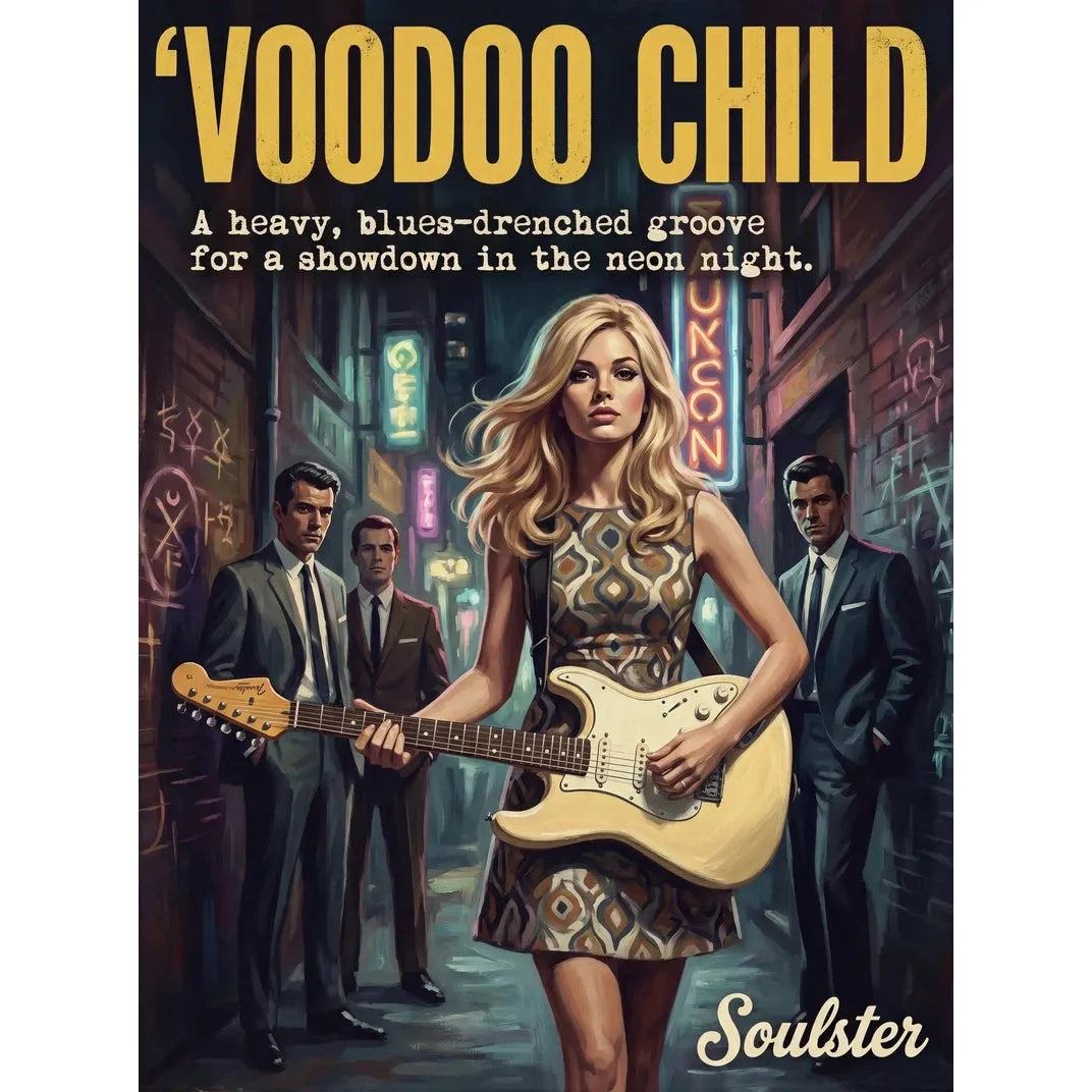 Soulster cinematic vintage pulp book cover art print illustration styled in a classic 1960s design layout inspired by Voodoo Child.