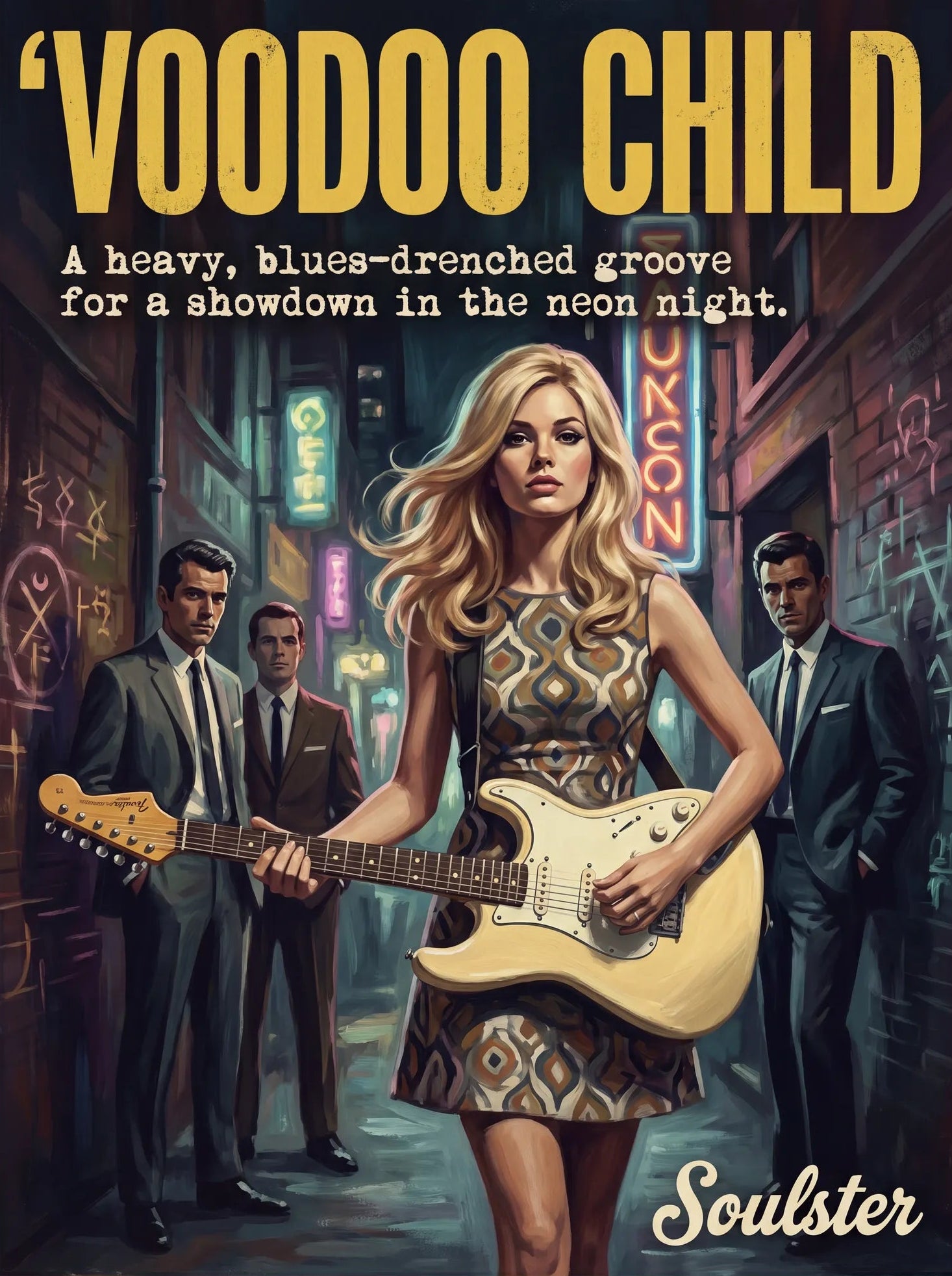 Soulster cinematic vintage pulp book cover art print illustration styled in a classic 1960s design layout inspired by Voodoo Child.