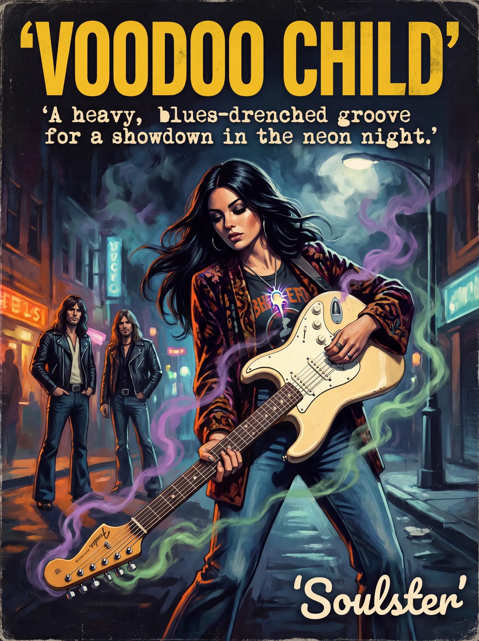 Soulster cinematic vintage pulp book cover art print illustration styled in a classic 1970s design layout inspired by Voodoo Child.