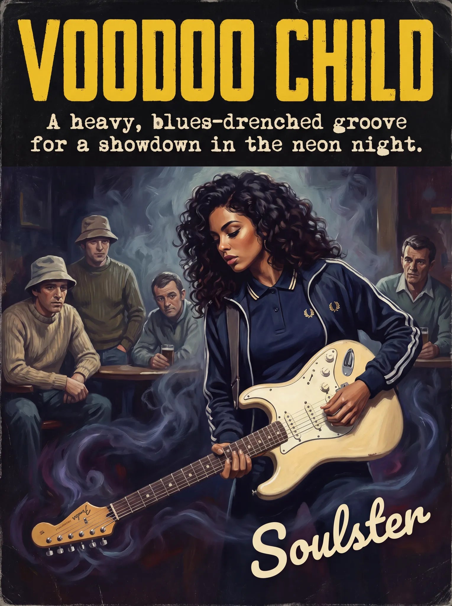 Soulster retro pulp thriller book cover style art print illustration inspired by Alternative Indie - Voodoo Child.