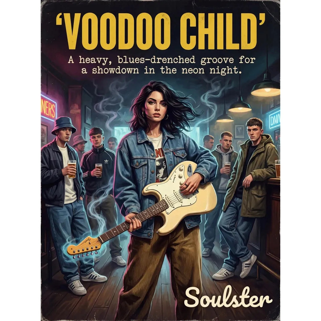 Soulster cinematic vintage pulp book cover art print illustration styled in a classic 1990s design layout inspired by Voodoo Child.